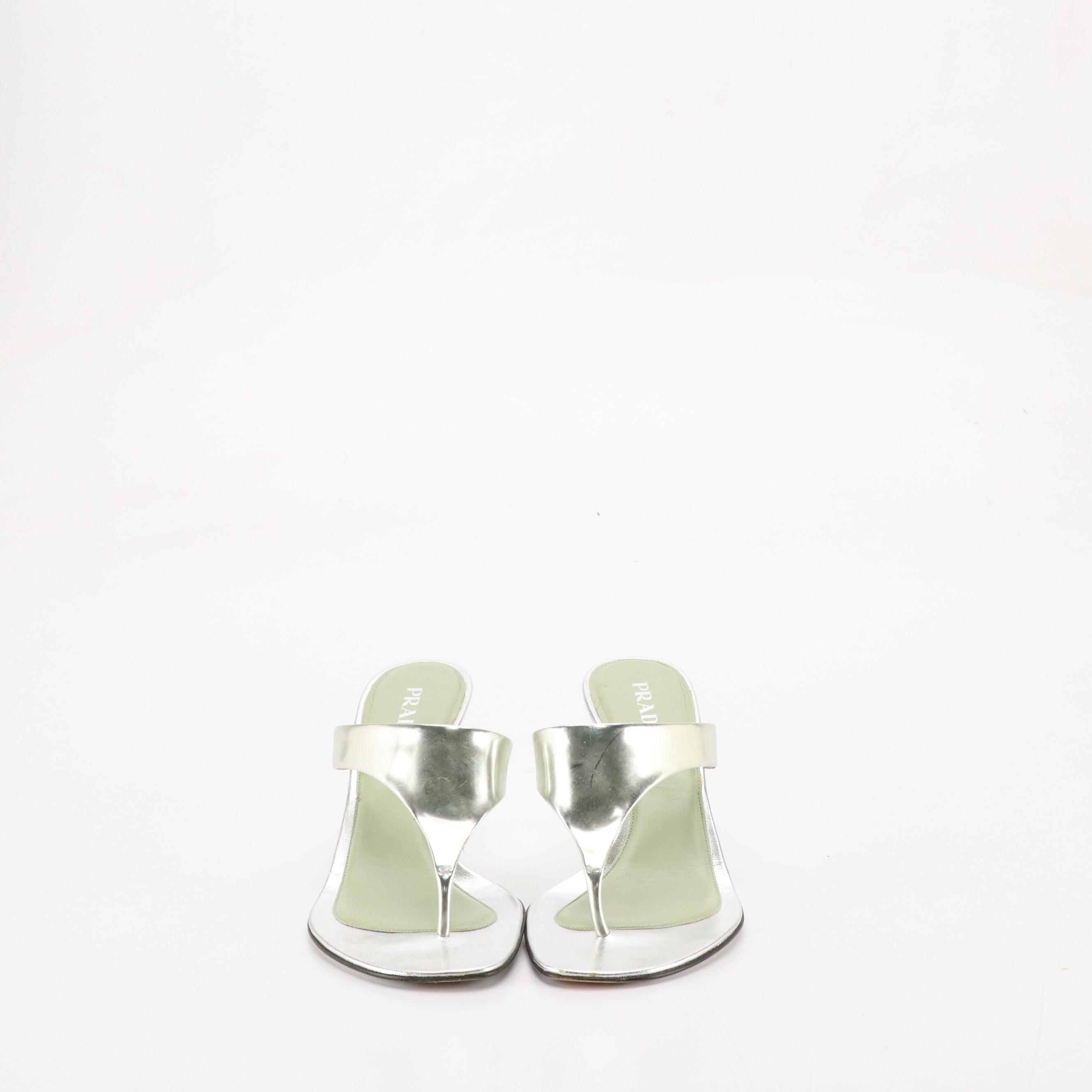 Prada Metallic Silver Leather Thong Strap Sandals in Box