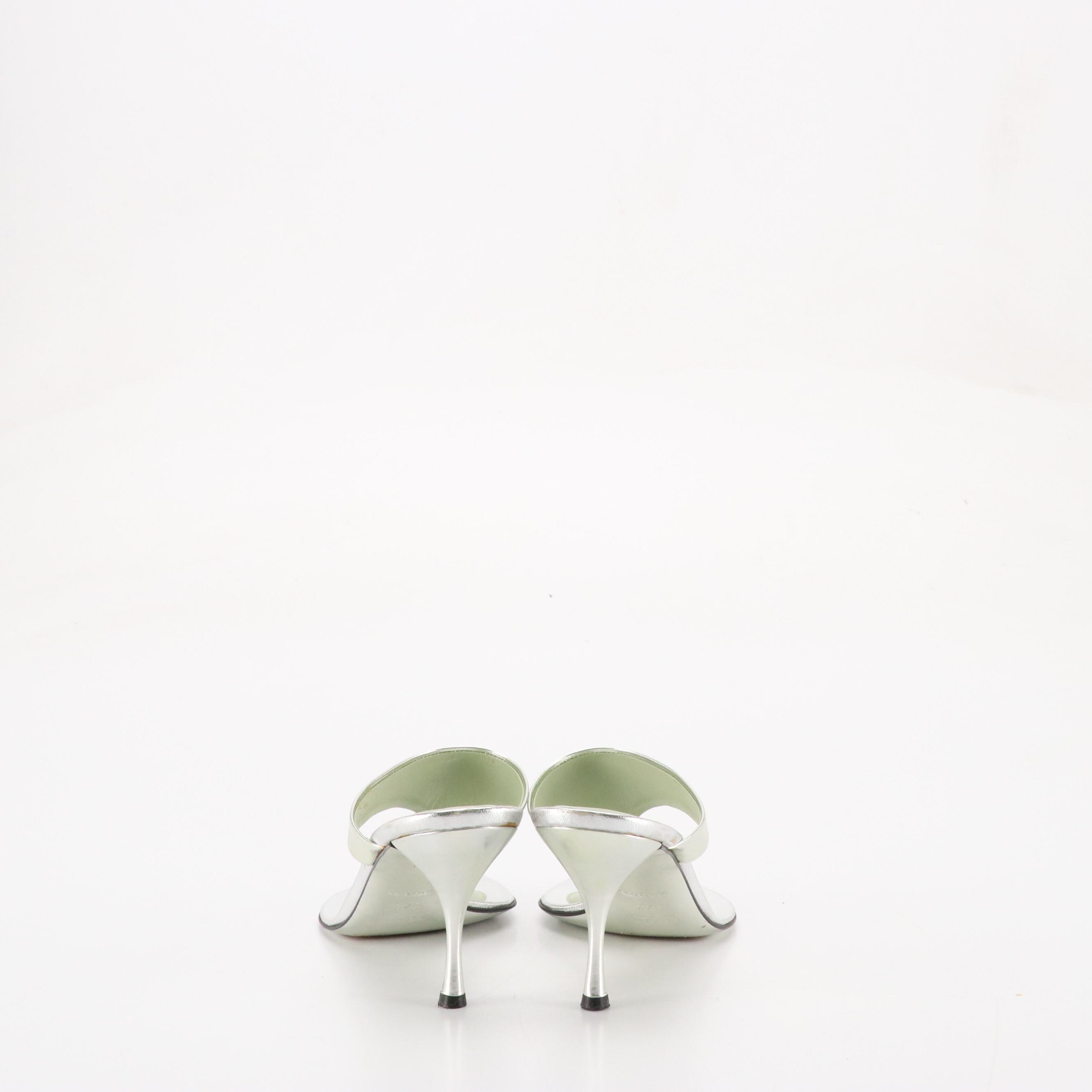 Prada Metallic Silver Leather Thong Strap Sandals in Box