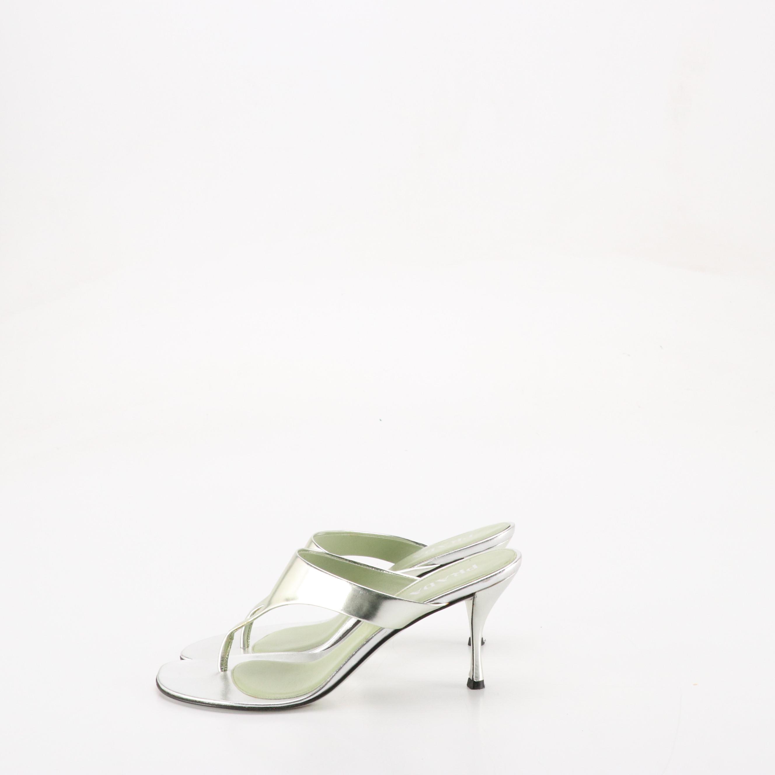 Prada Metallic Silver Leather Thong Strap Sandals in Box