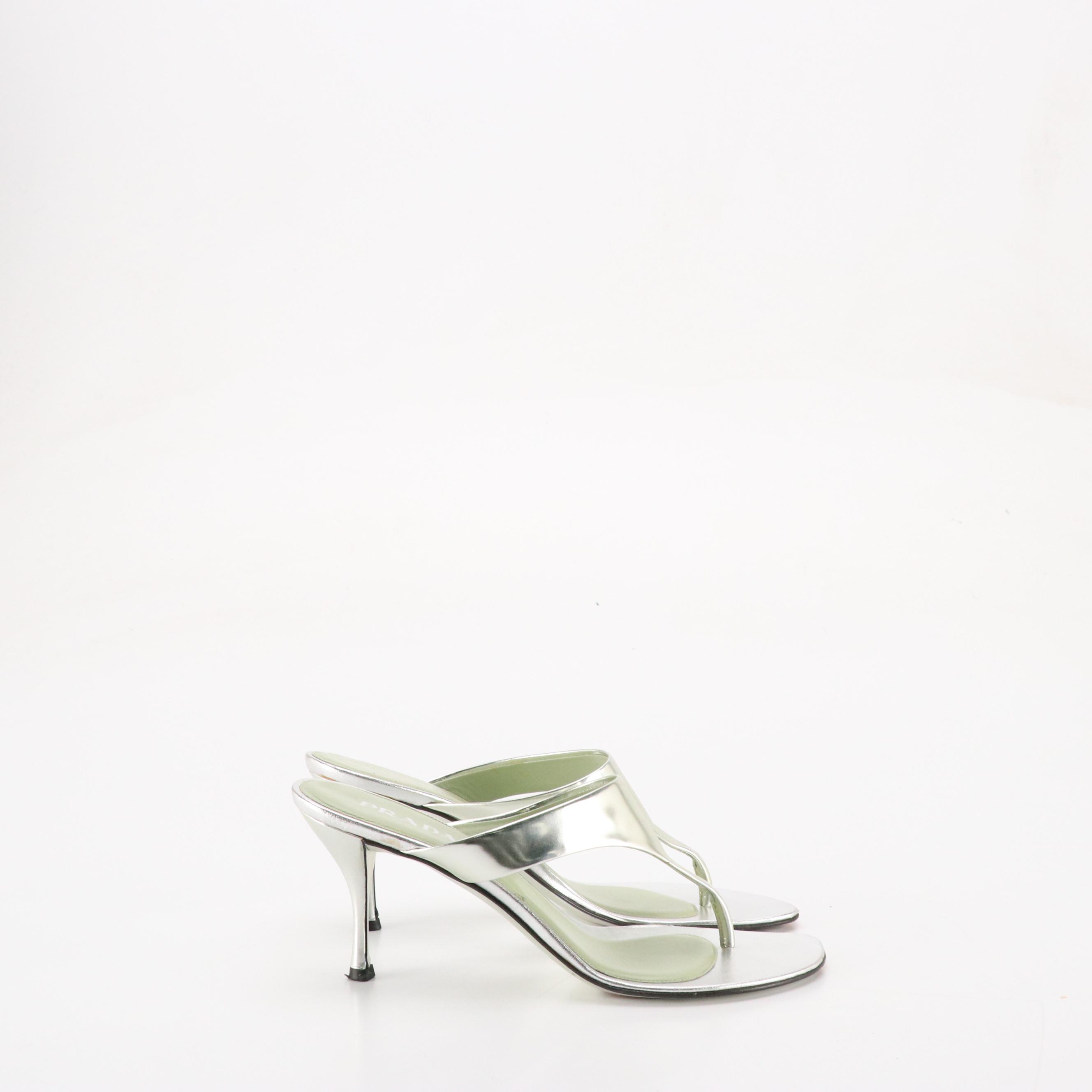 Prada Metallic Silver Leather Thong Strap Sandals in Box