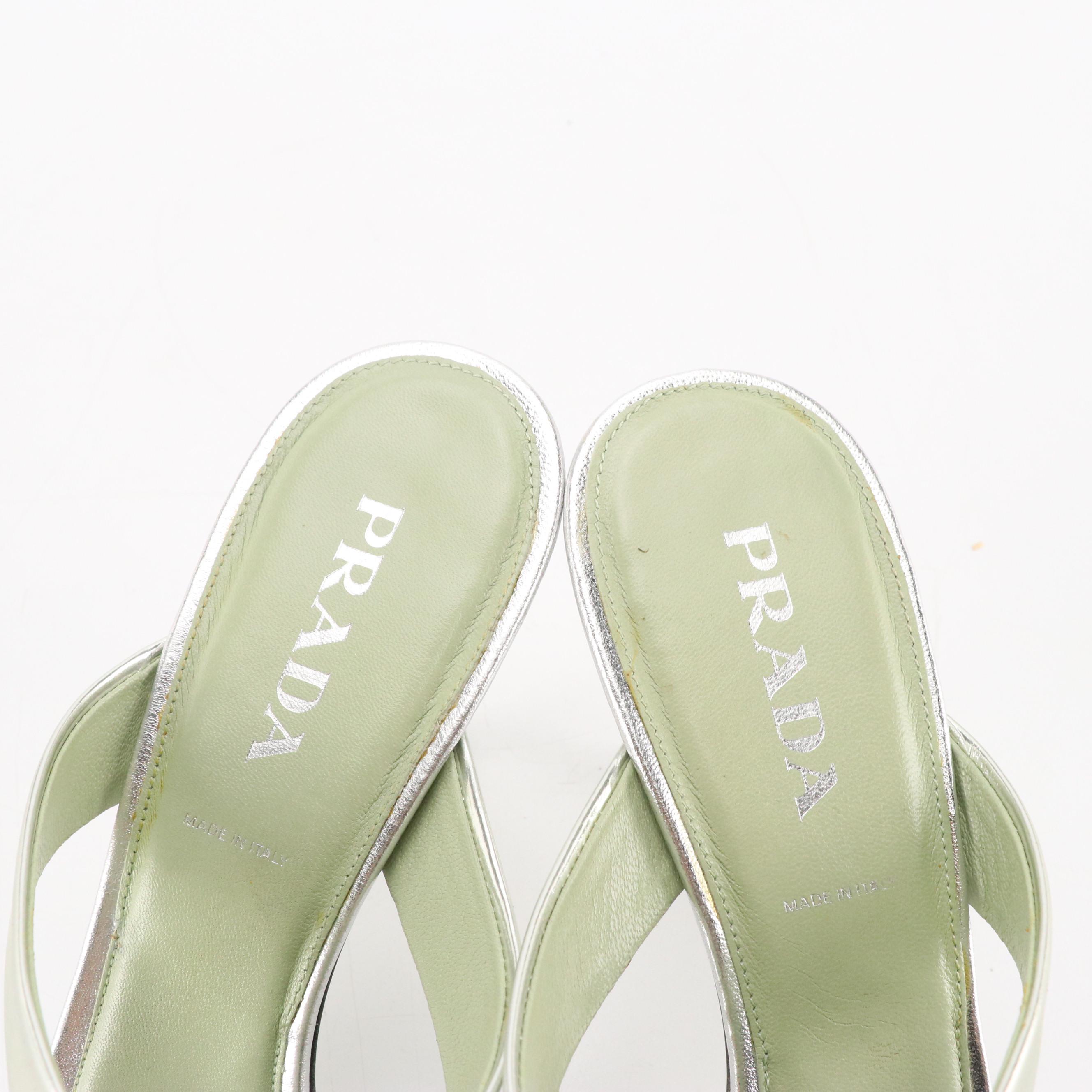 Prada Metallic Silver Leather Thong Strap Sandals in Box