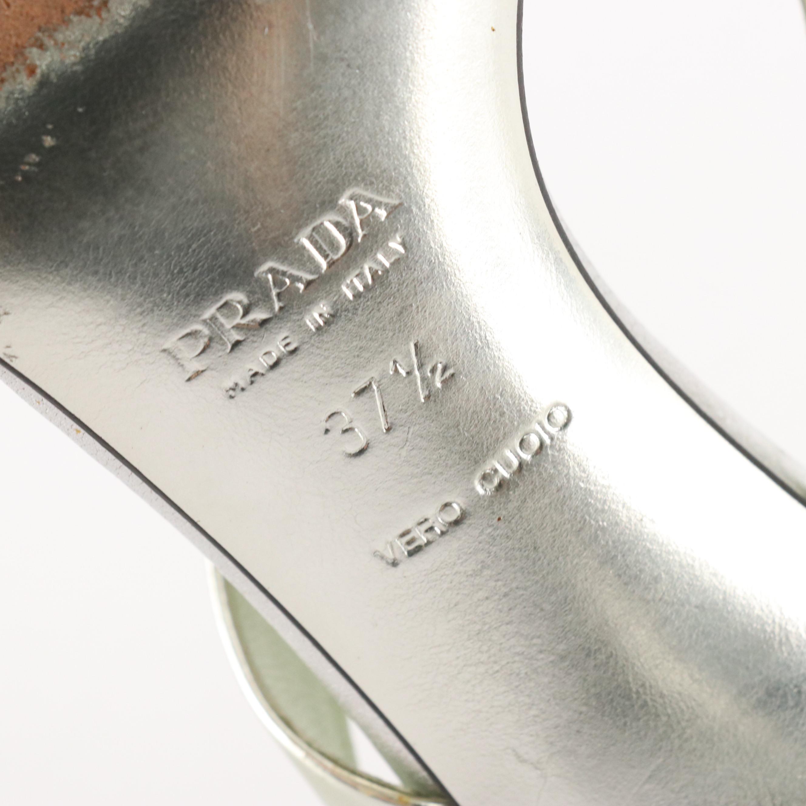 Prada Metallic Silver Leather Thong Strap Sandals in Box