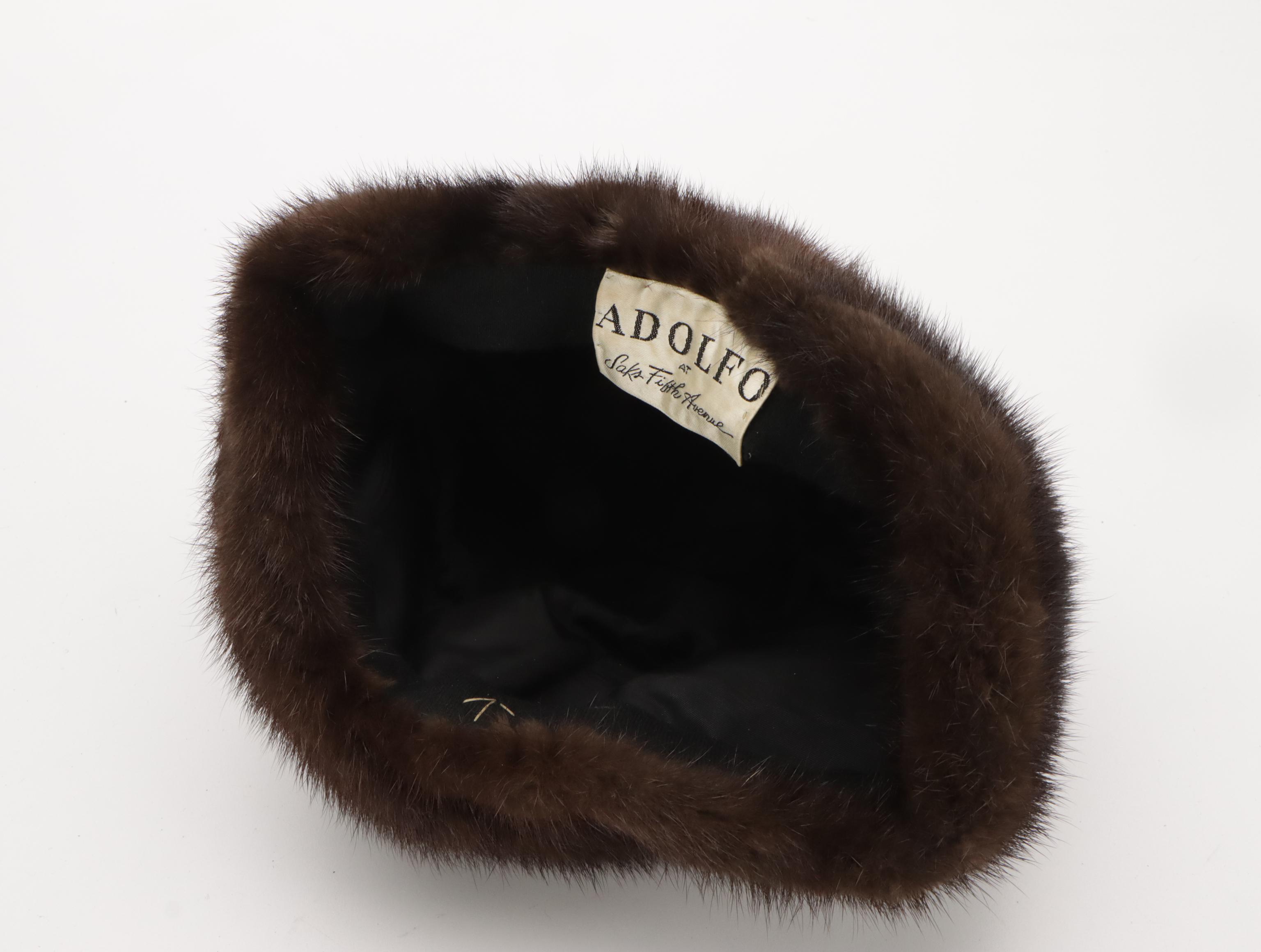 Vintage Revillon Black Diamond Mink Fur Coat and Adolfo Mink Fur Cap