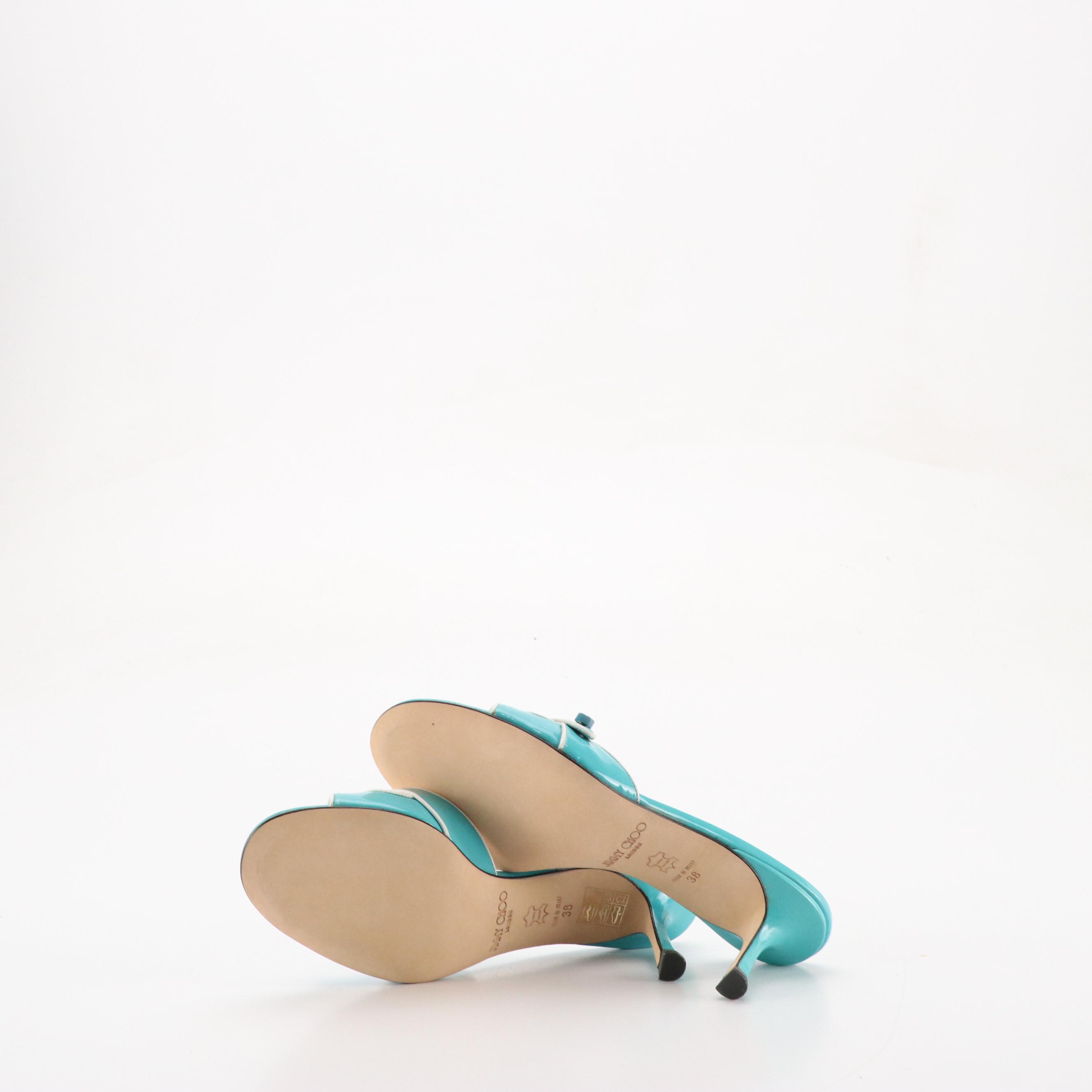 Jimmy Choo Wilcox Sandals in Aqua Blue Patent Leather, With Box