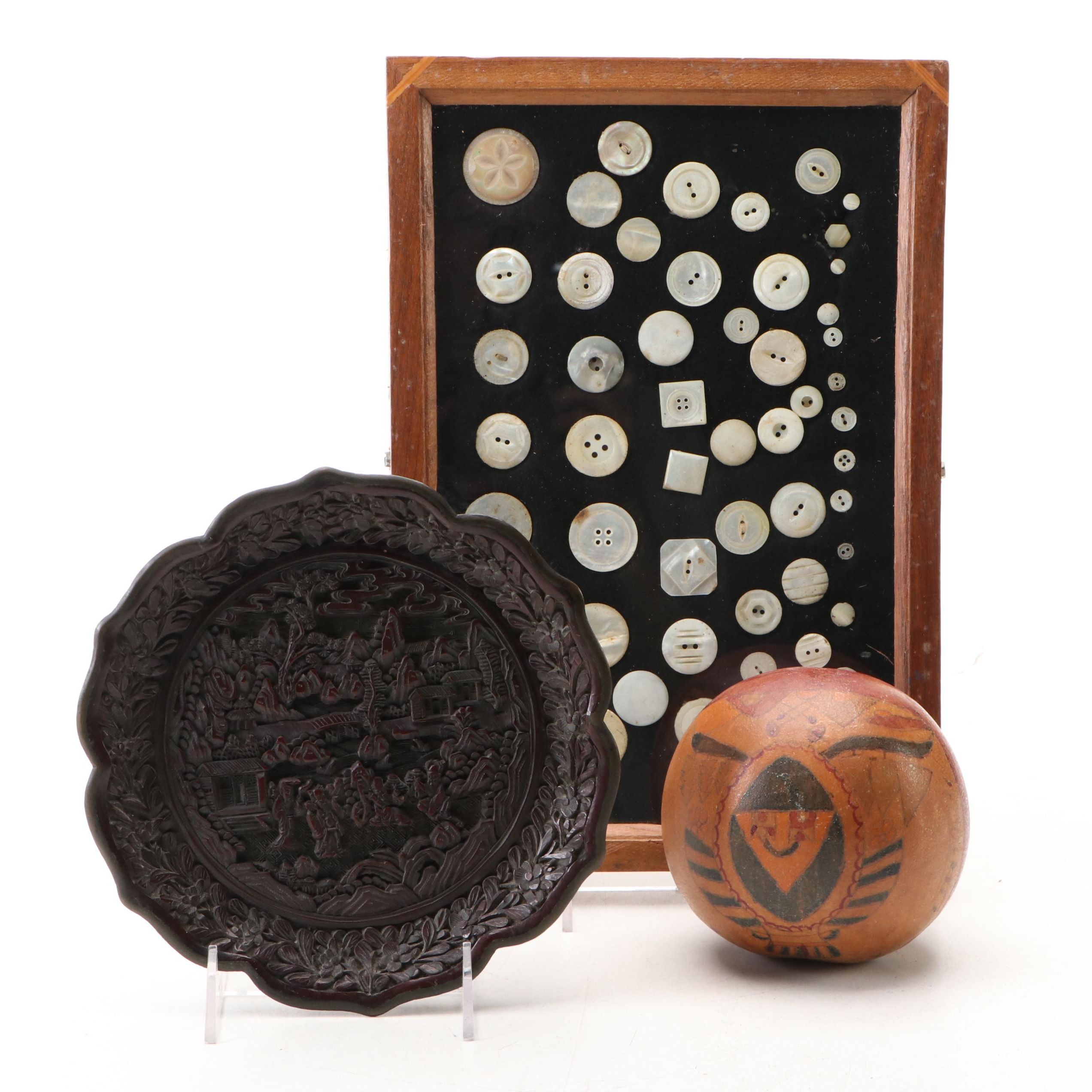 Figural Folk Art Gourd with Chinese Carved Lacquer Dish and Framed MOP Buttons