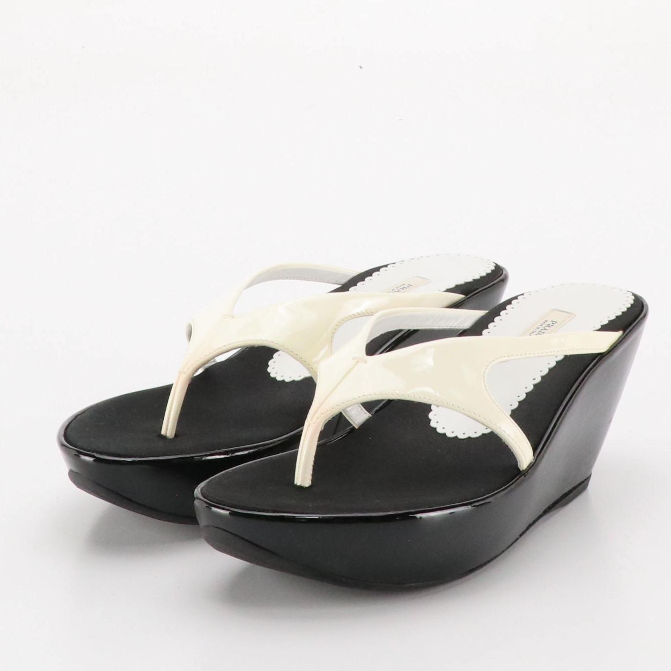 Prada Black & White Patent Leather Wedge Sandals in Box