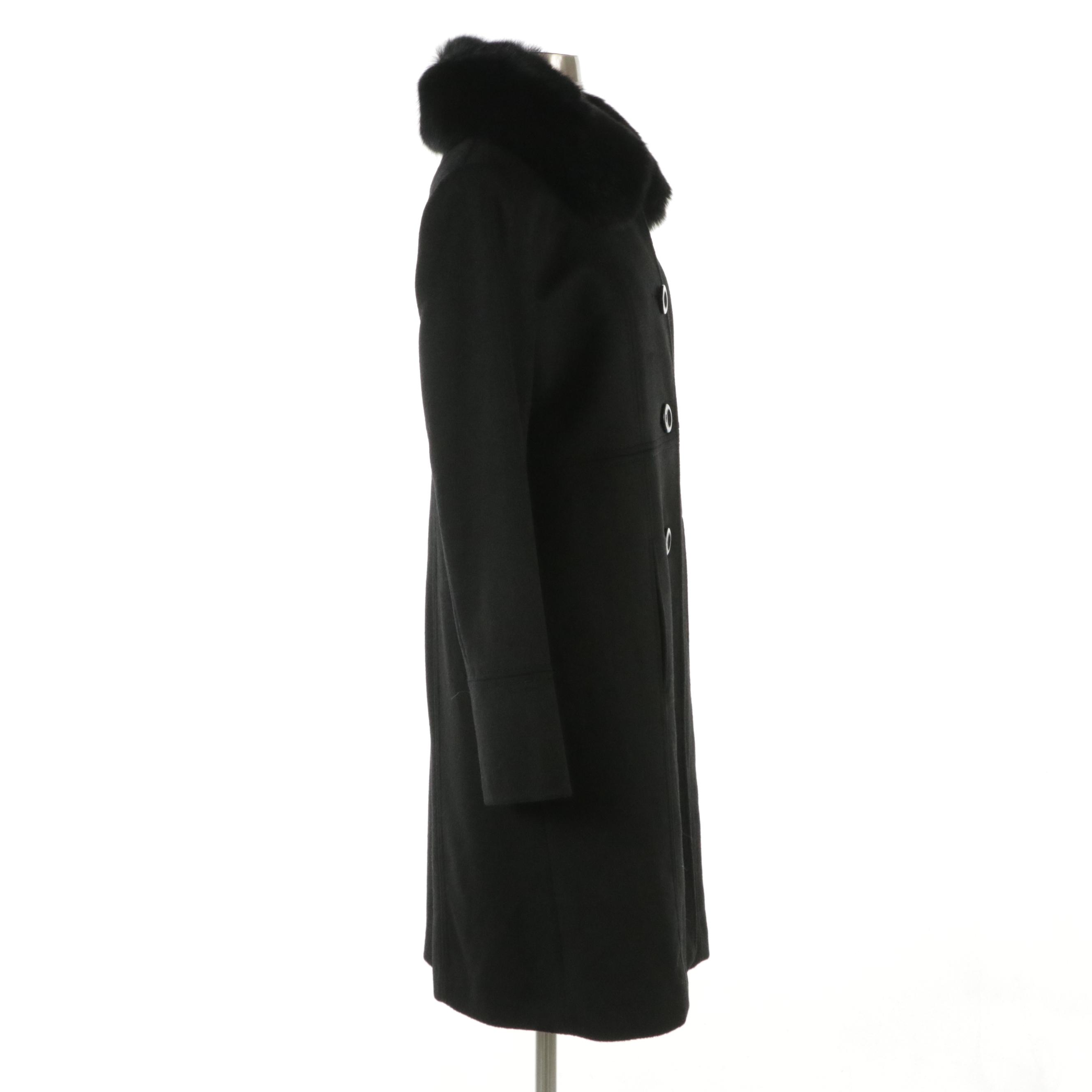 Forecaster Platinum Black Wool Blend Coat with Fox Fur Collar