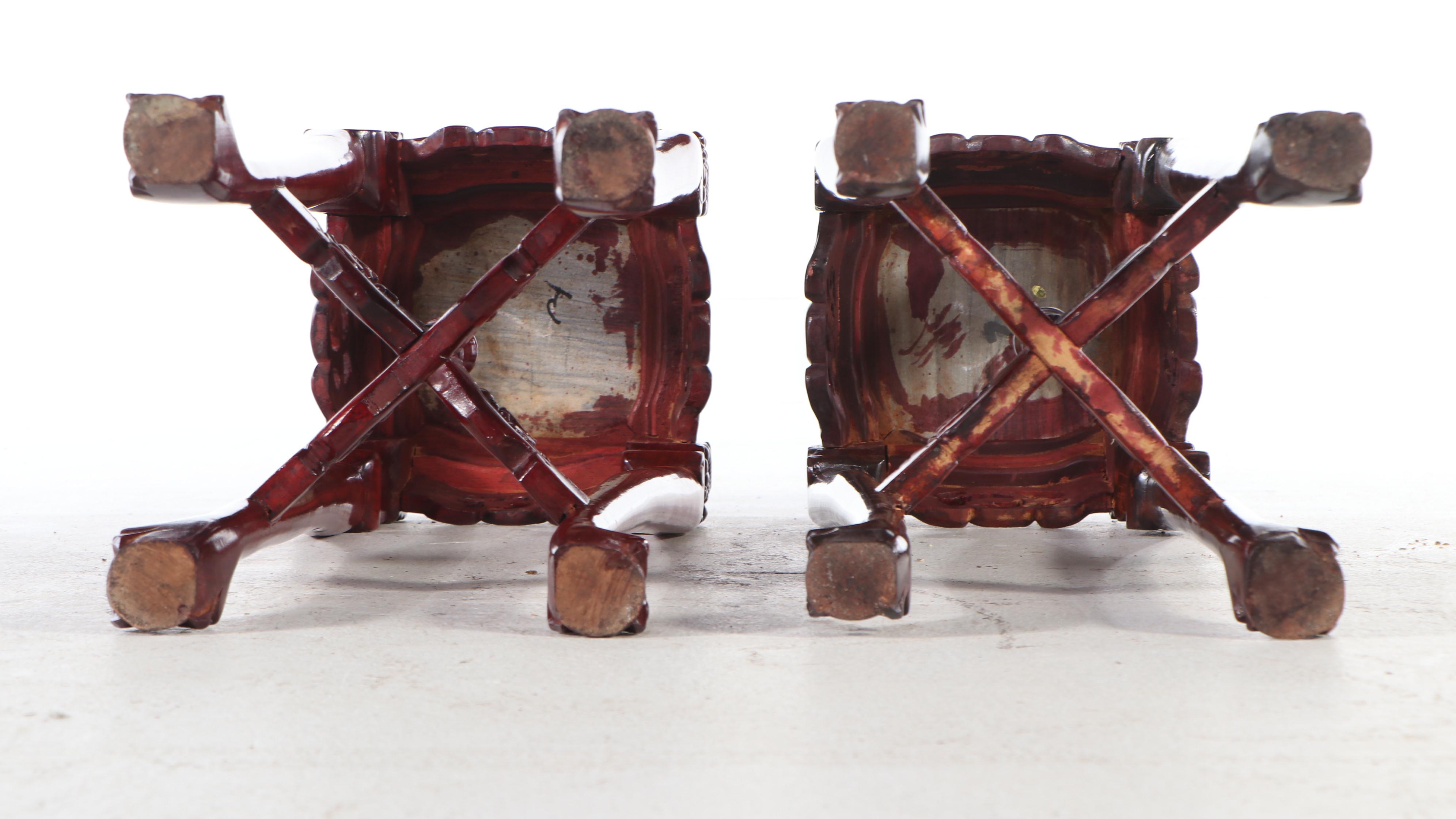 Pair of Chinese Carved Wood and Marble Top Stands