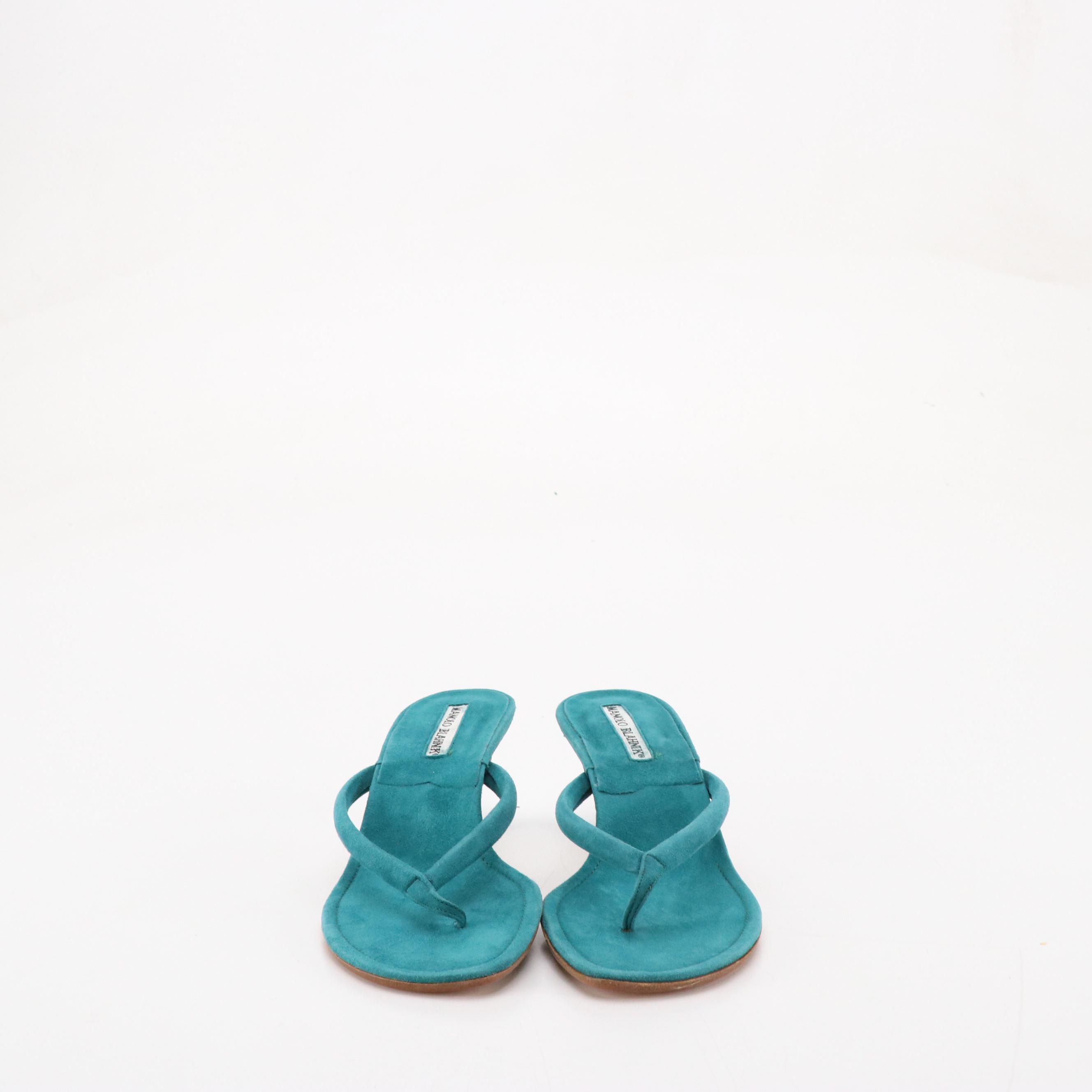 Manolo Blahnik Turquoise Suede Low-Heeled Thong Strap Sandals in Box