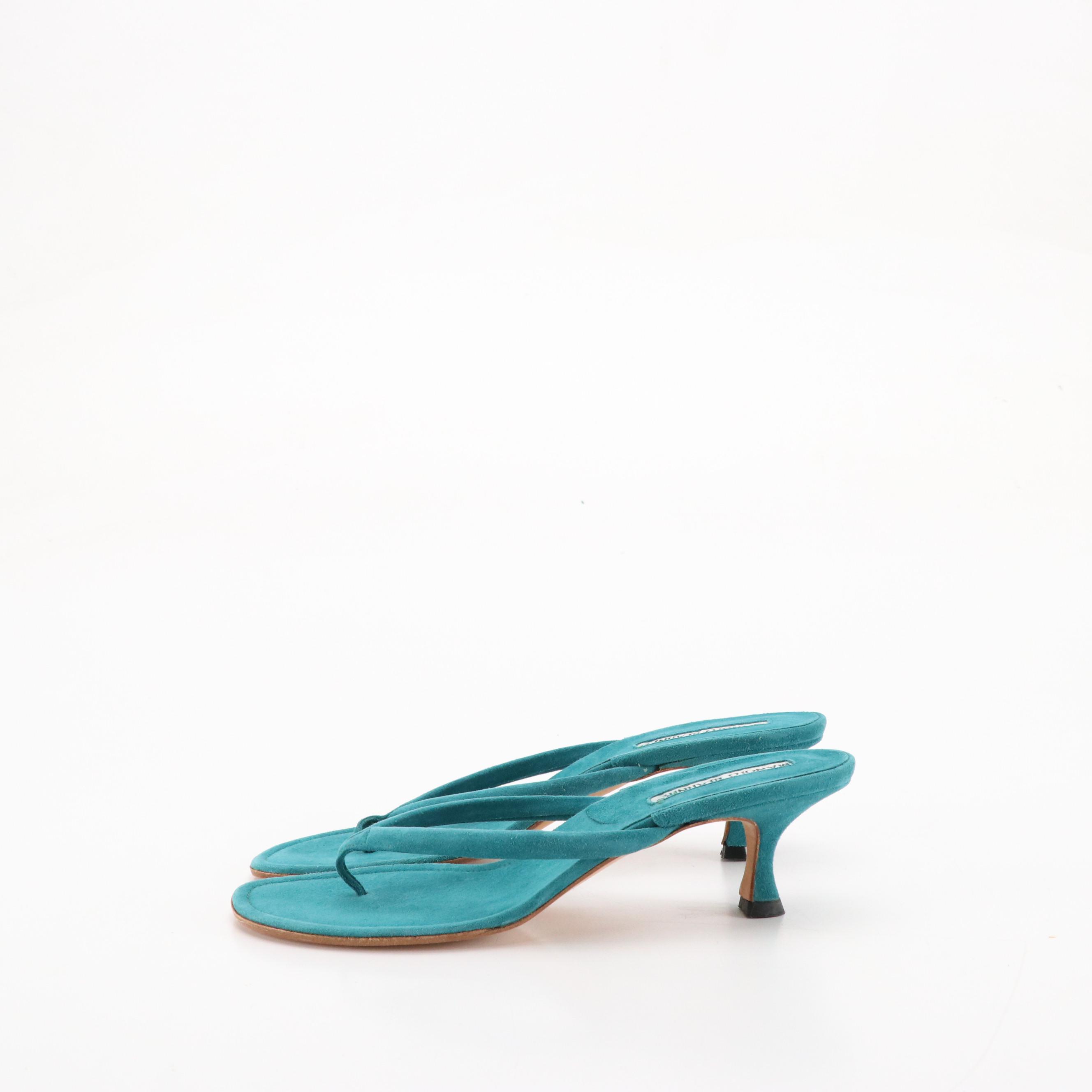 Manolo Blahnik Turquoise Suede Low-Heeled Thong Strap Sandals in Box
