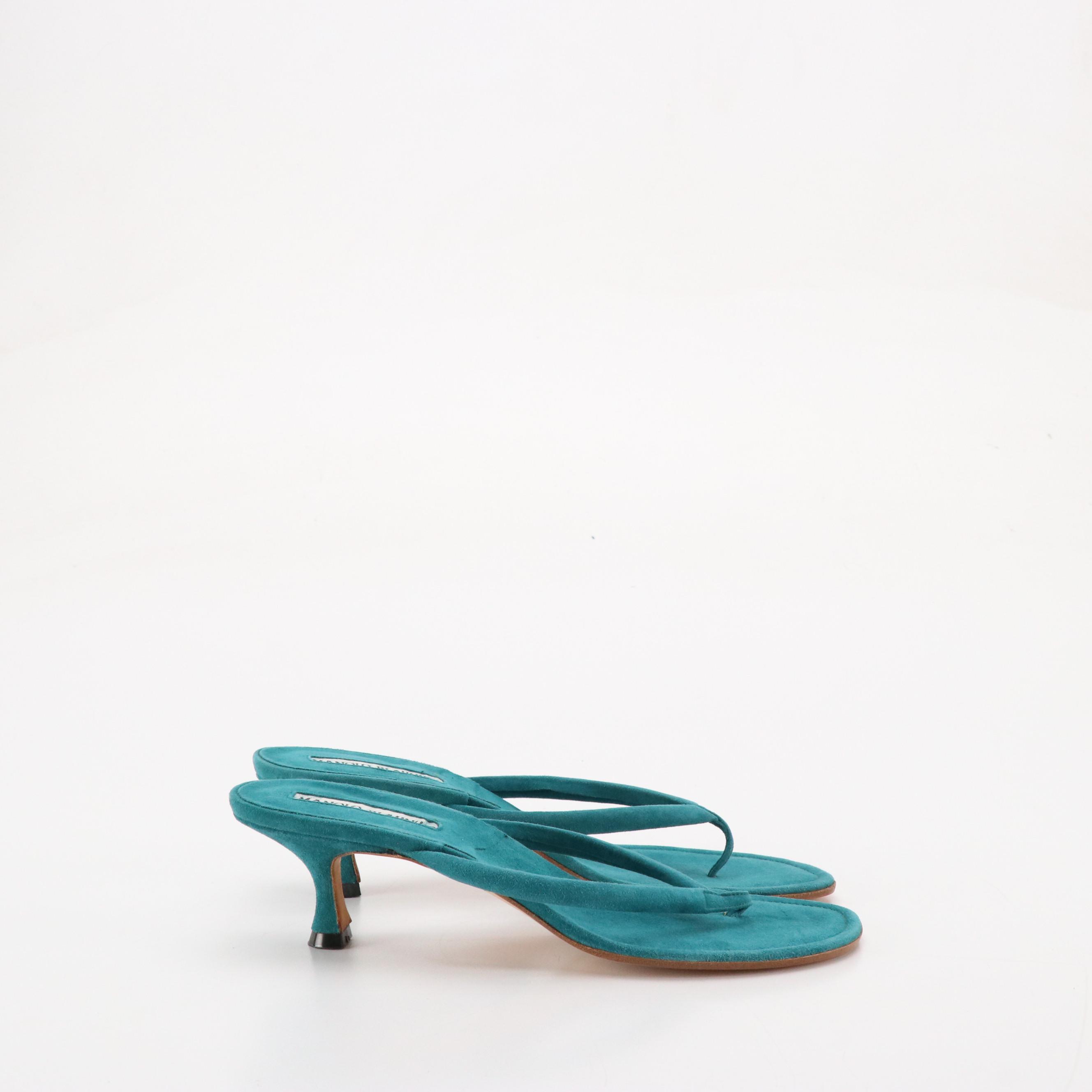 Manolo Blahnik Turquoise Suede Low-Heeled Thong Strap Sandals in Box