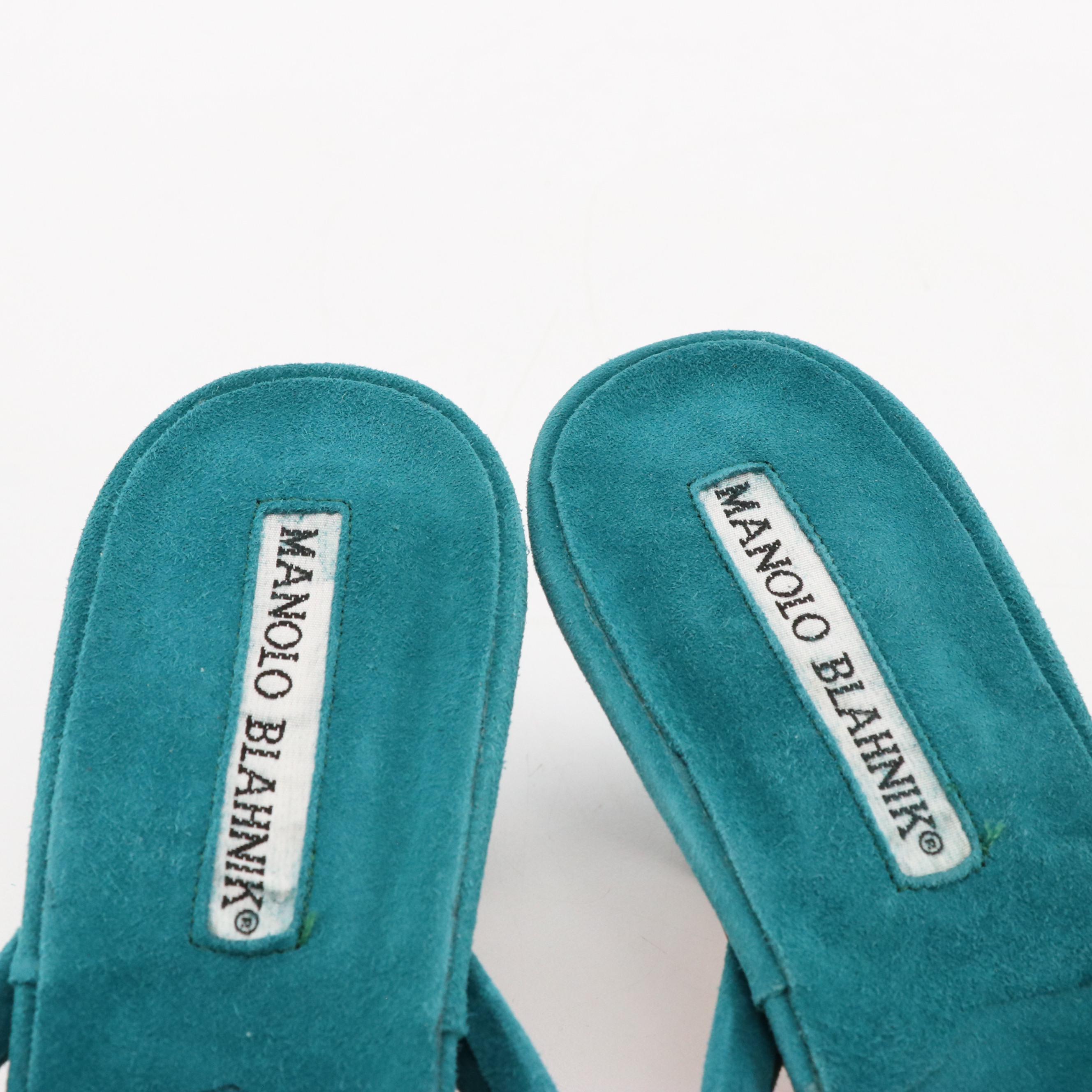 Manolo Blahnik Turquoise Suede Low-Heeled Thong Strap Sandals in Box