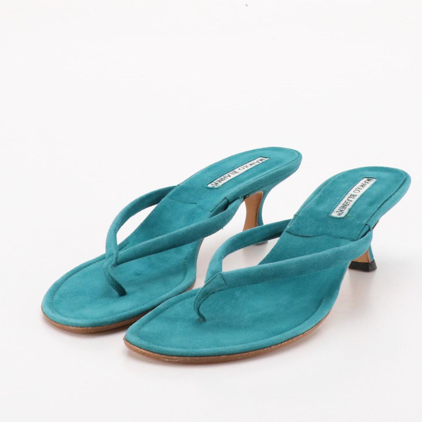 Manolo Blahnik Turquoise Suede Low-Heeled Thong Strap Sandals in Box