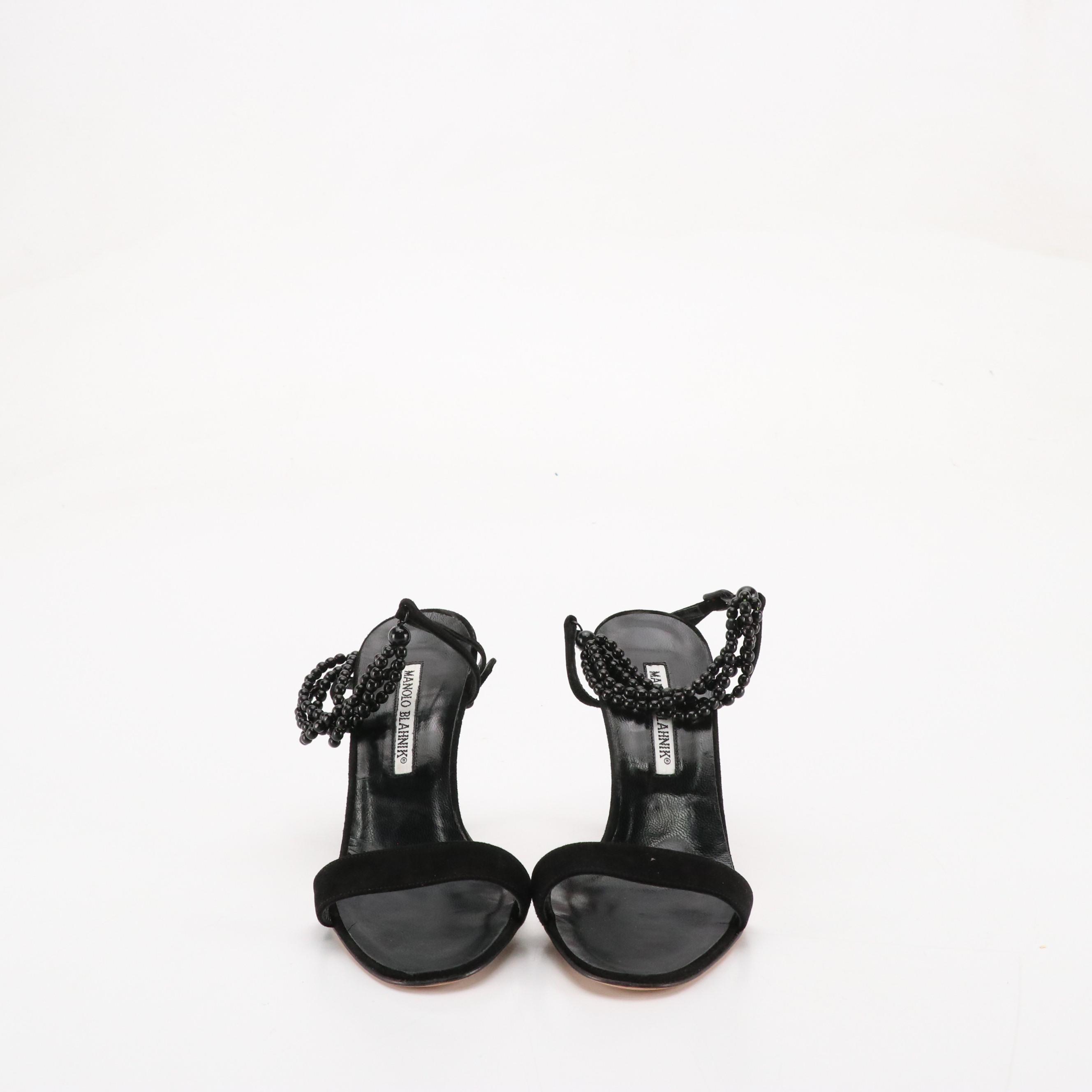 Manolo Blahnik Black Suede Beaded Ankle Strap Dress Sandals in Box