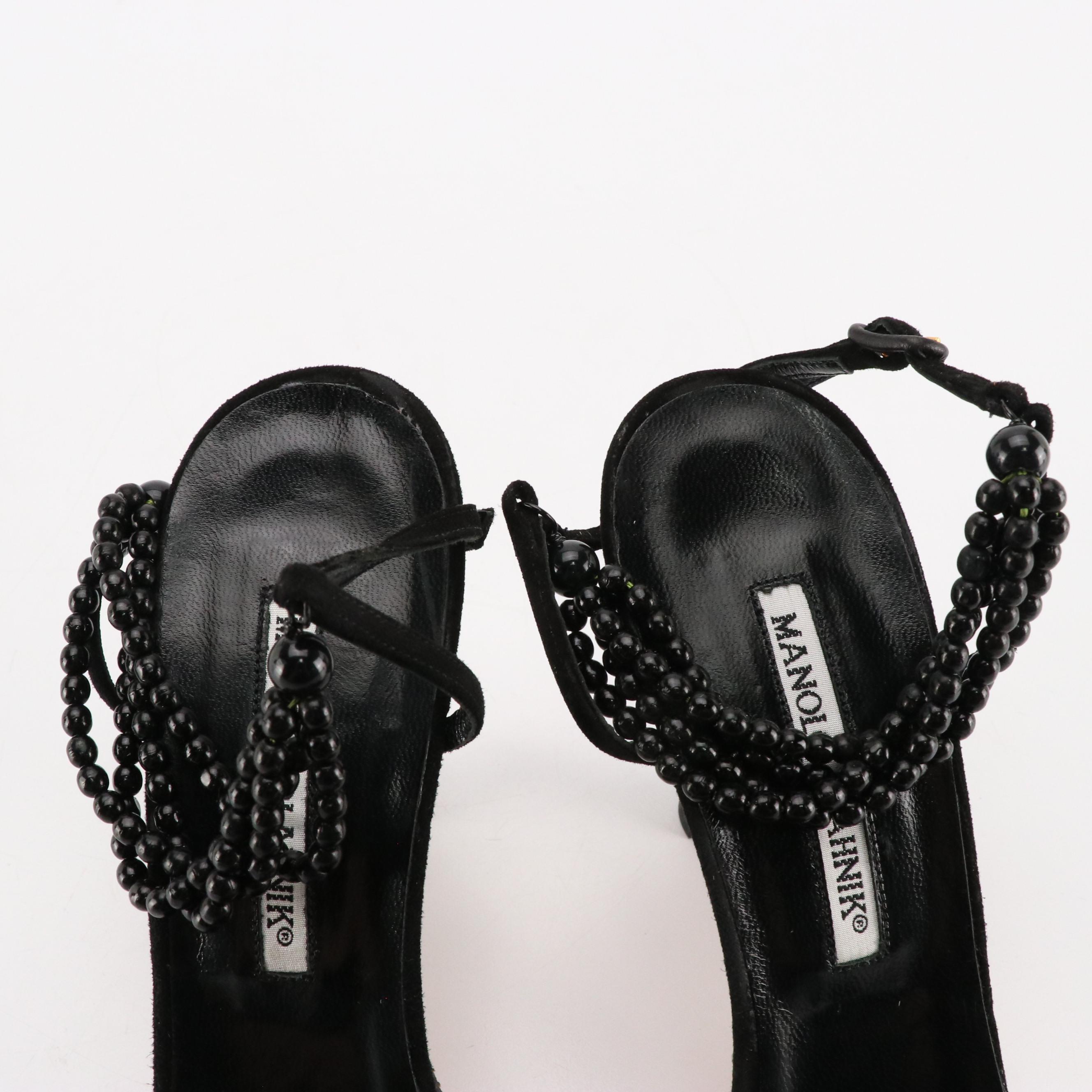 Manolo Blahnik Black Suede Beaded Ankle Strap Dress Sandals in Box