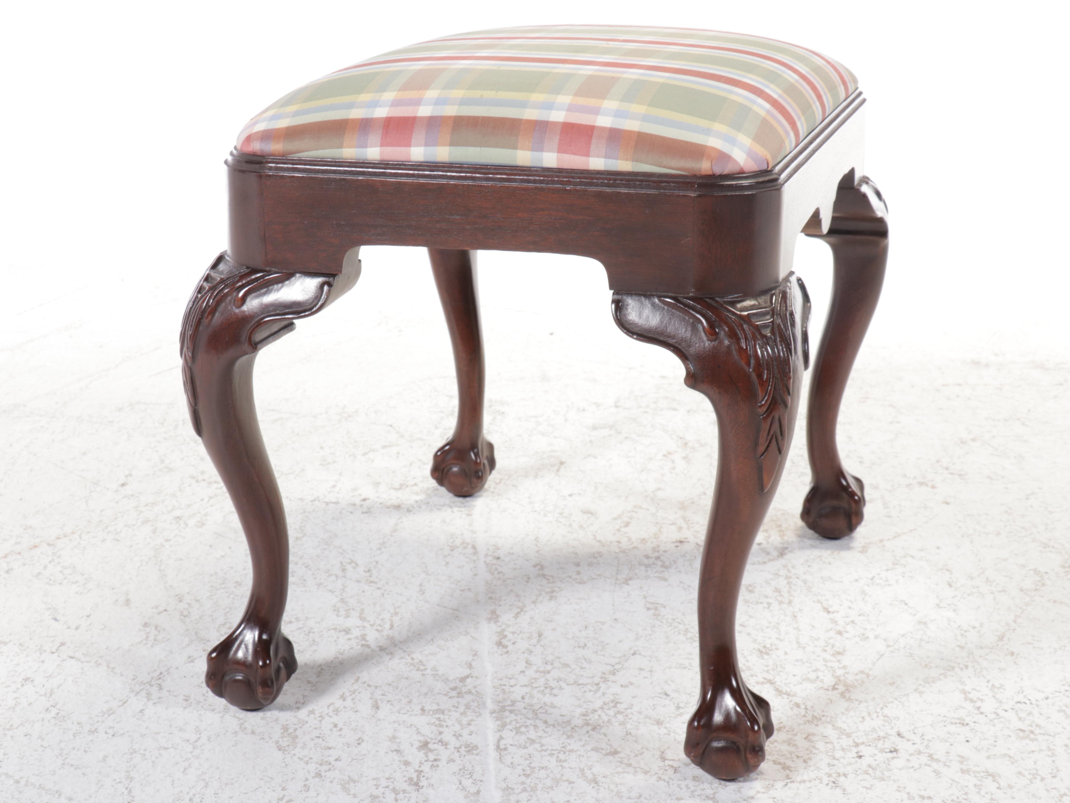 Chippendale Style Plaid Fabric Upholstered Mahogany Ottoman