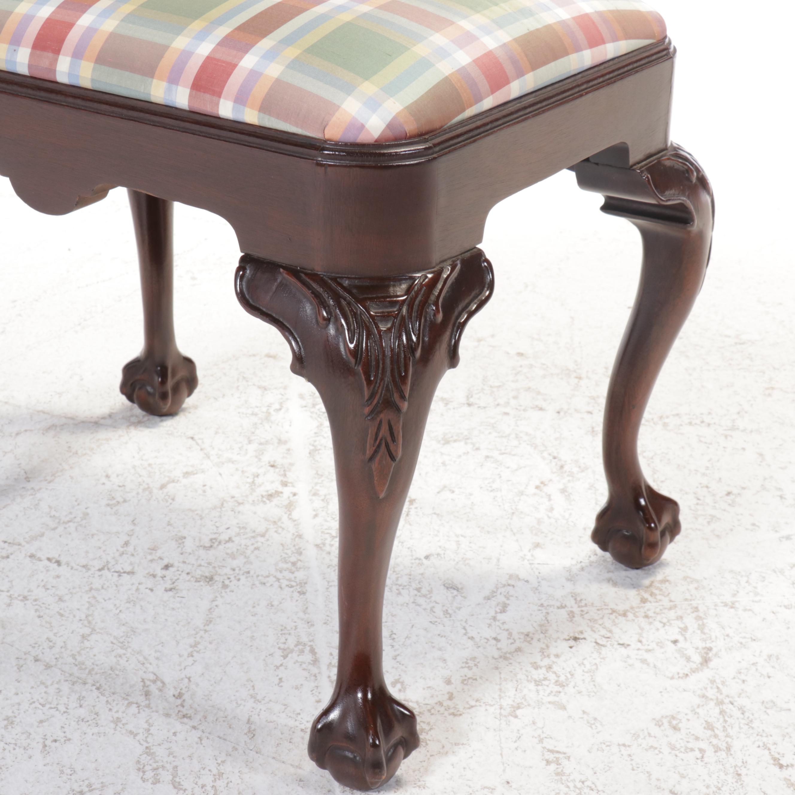 Chippendale Style Plaid Fabric Upholstered Mahogany Ottoman