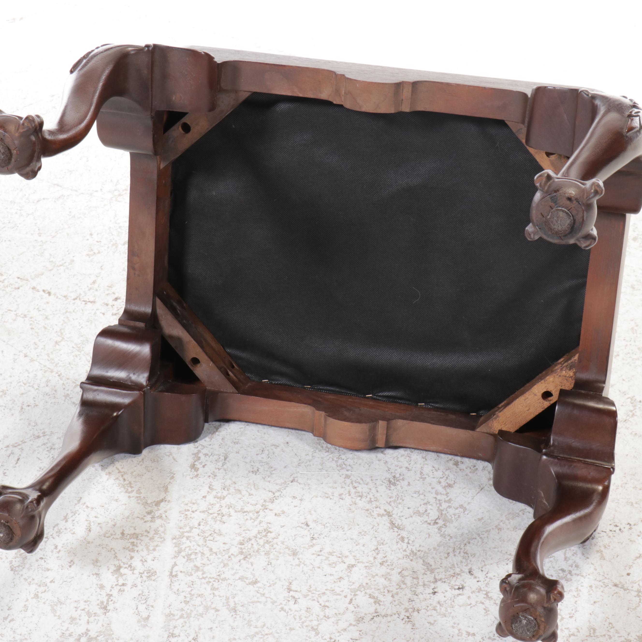 Chippendale Style Plaid Fabric Upholstered Mahogany Ottoman