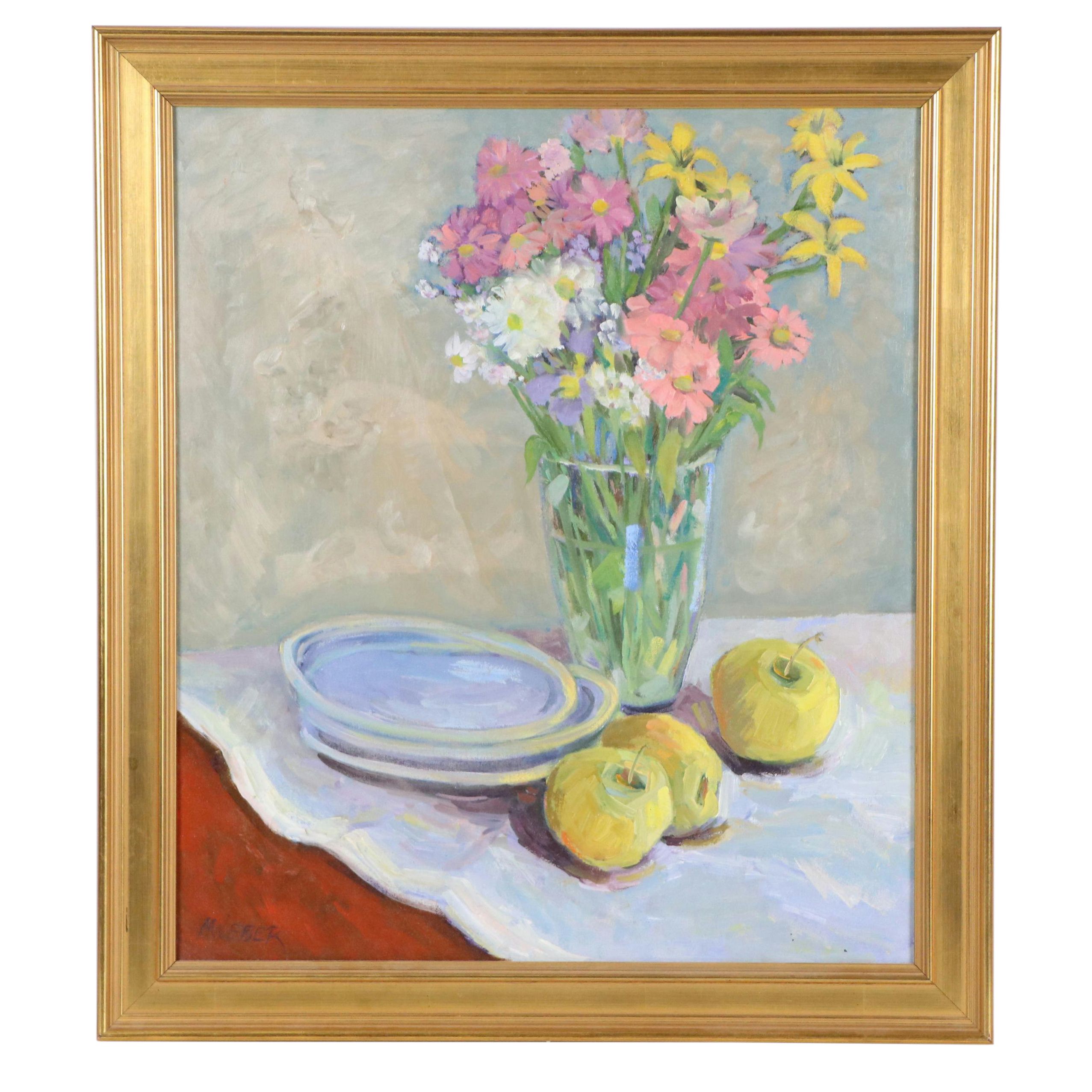 Martha E. Weber Oil Still Life with Flowers and Apples