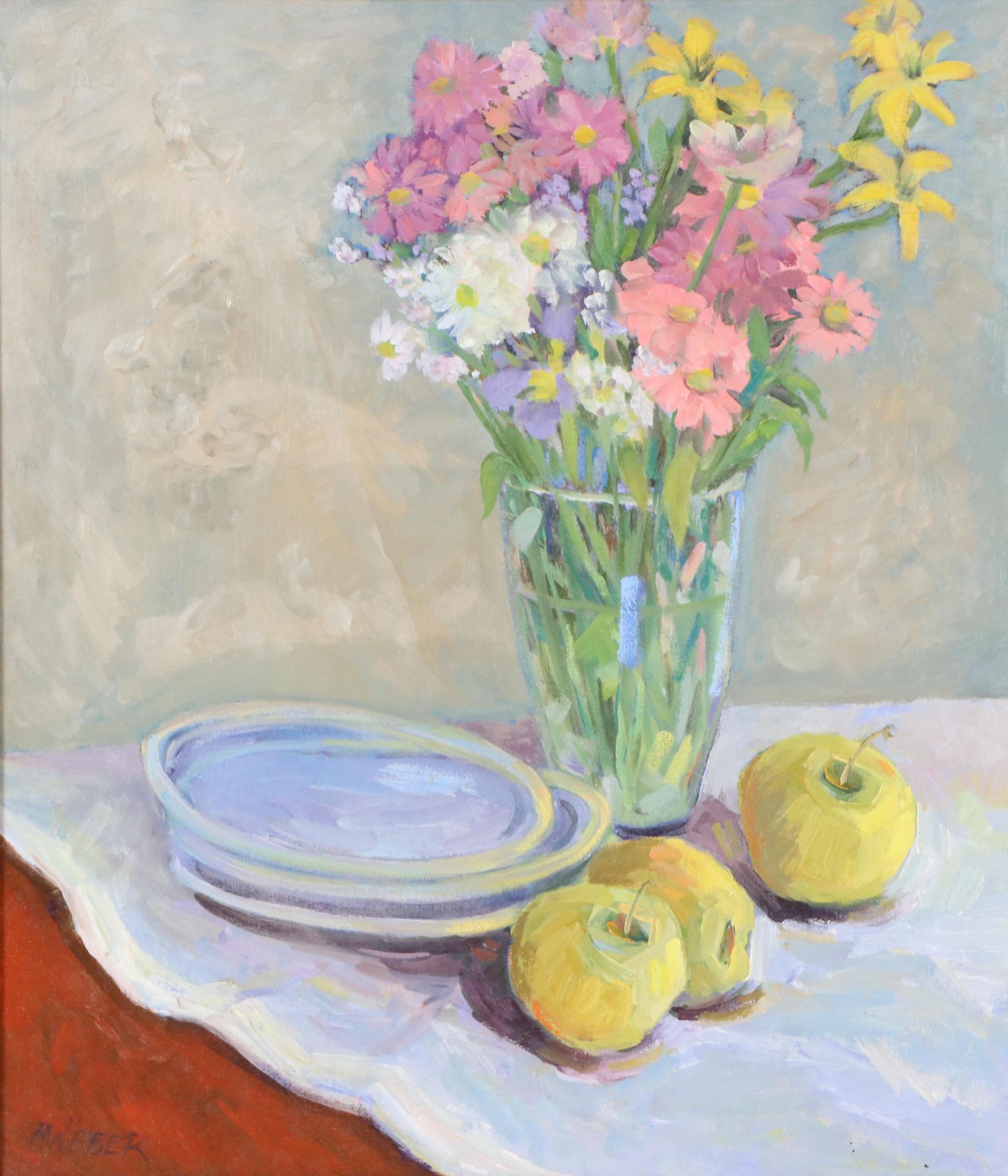 Martha E. Weber Oil Still Life with Flowers and Apples