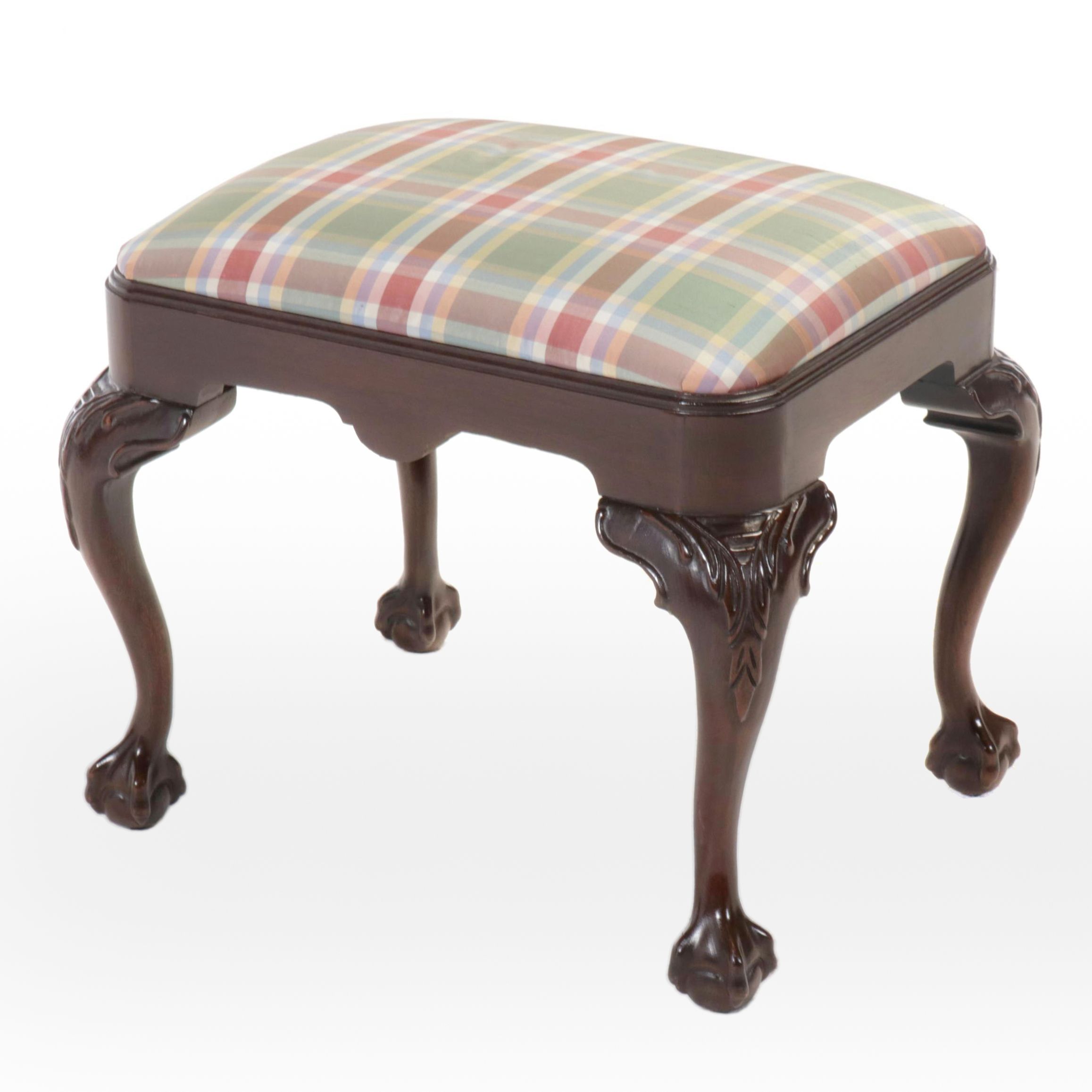 Chippendale Style Plaid Fabric Upholstered Mahogany Ottoman