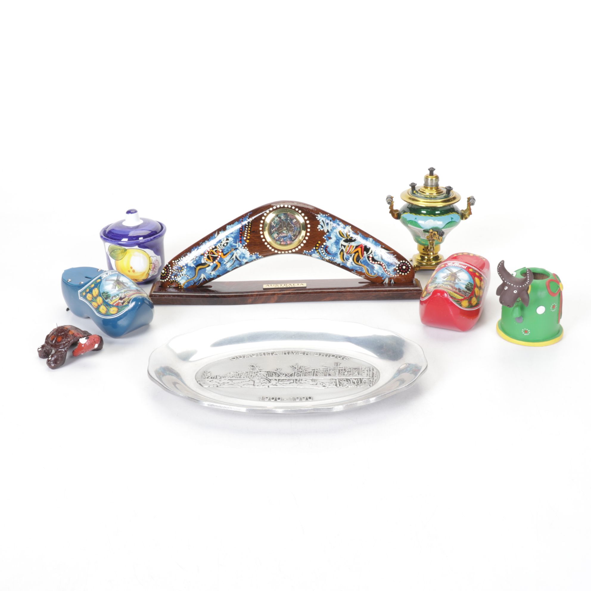 Australian Hand-Painted Boomerang Desk Clock, Dutch Coin Bank & Clog, More