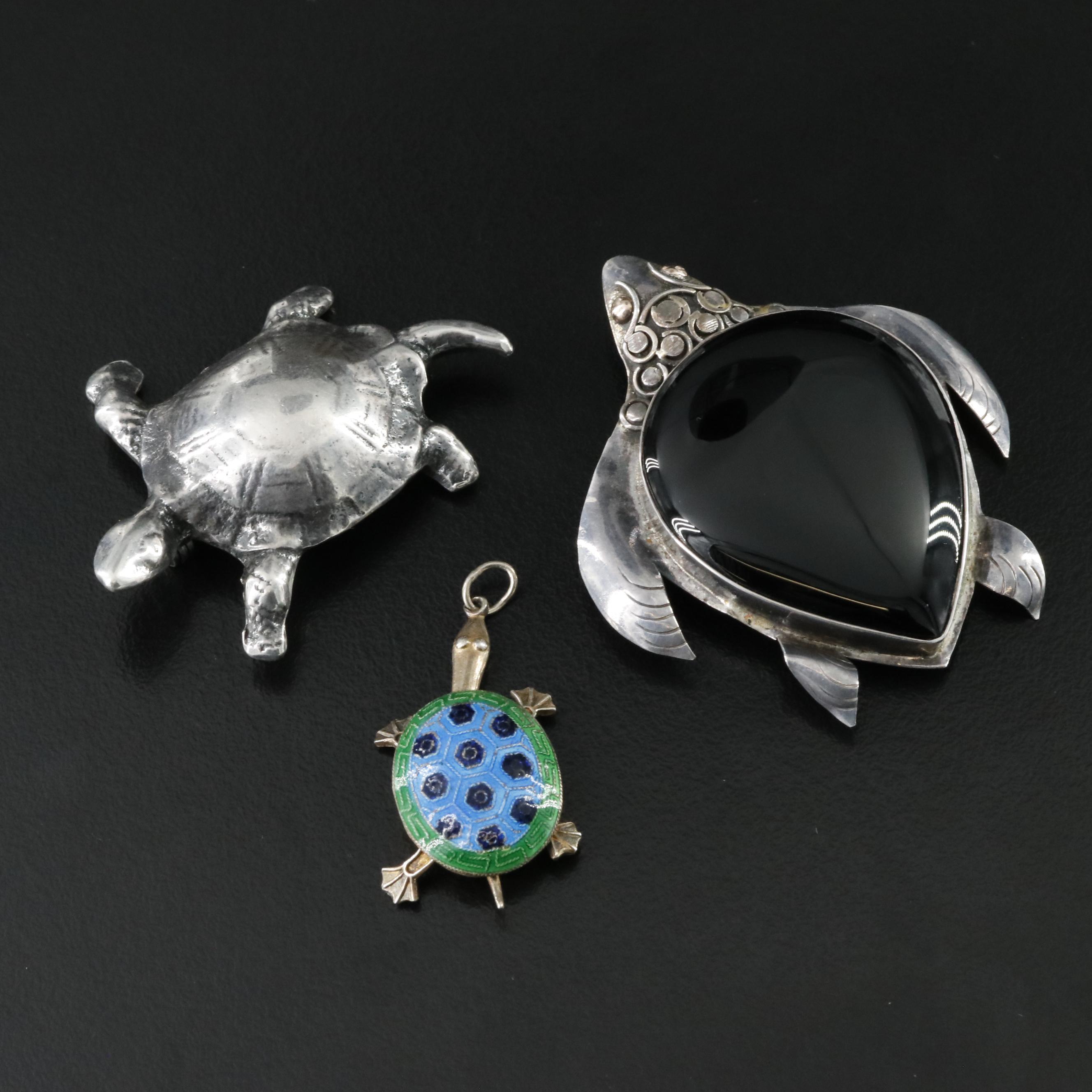 Vintage Sterling Turtle Brooches and Articulated Pendant