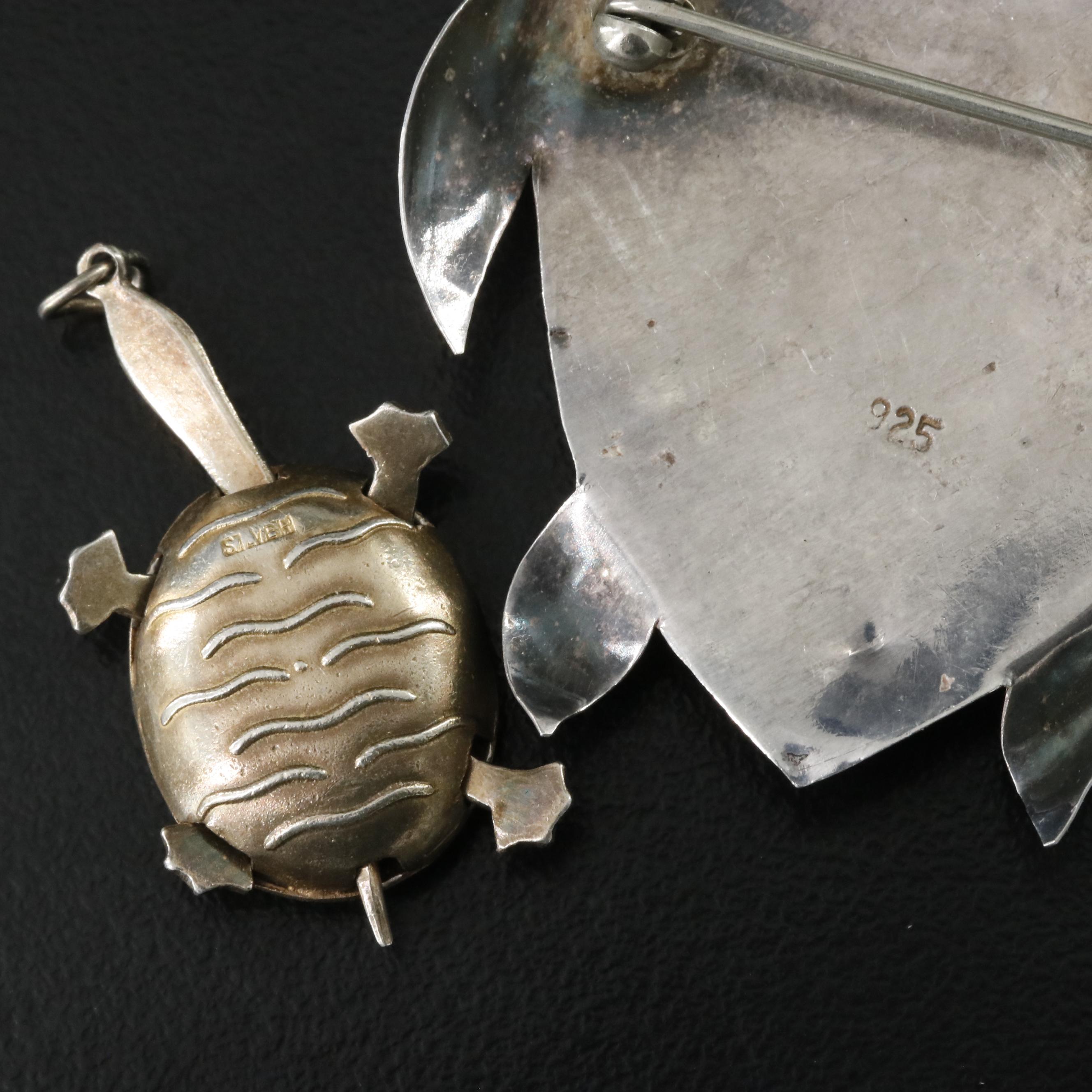 Vintage Sterling Turtle Brooches and Articulated Pendant
