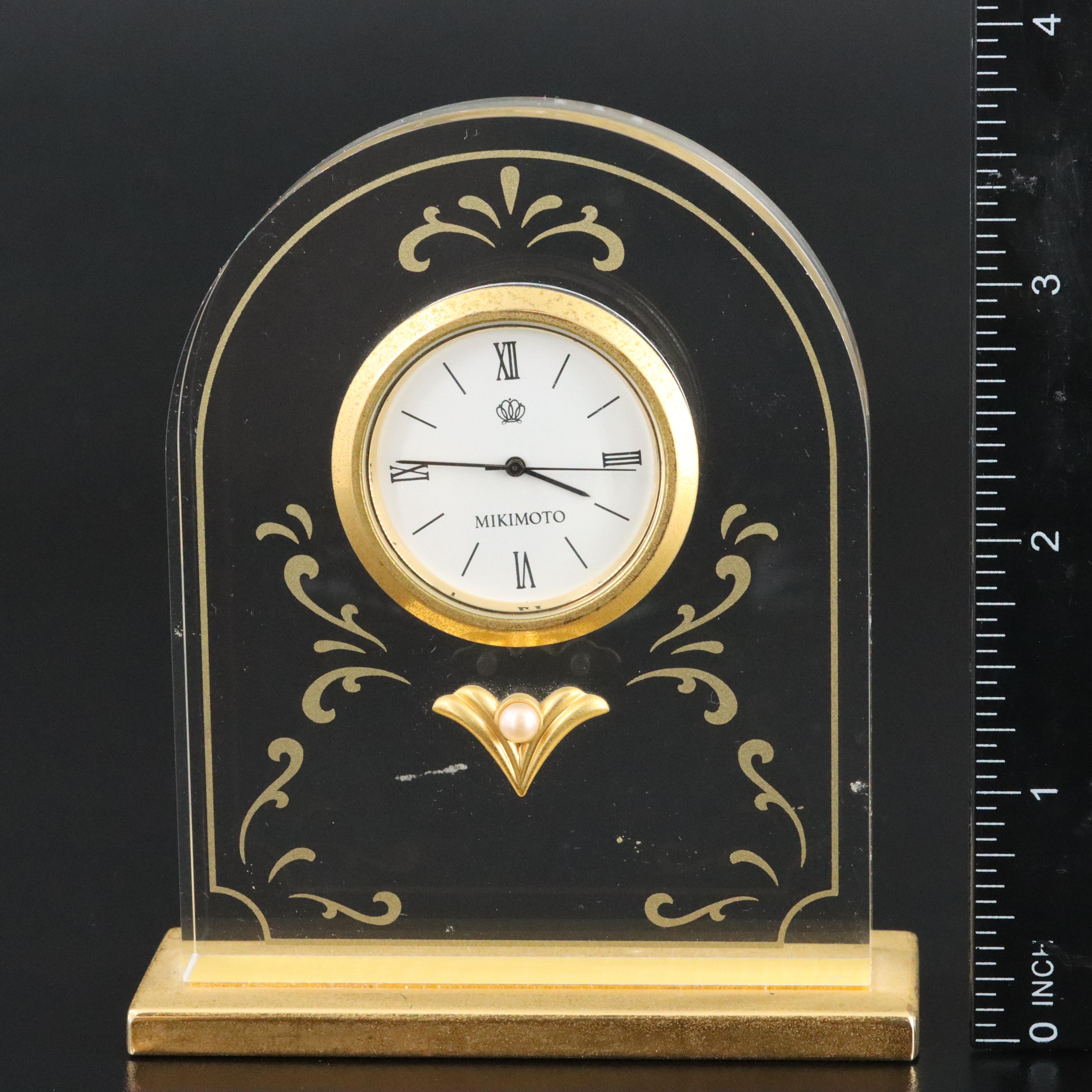 Mikimoto International Lucite Desk Clock with Pearl Flower Accent