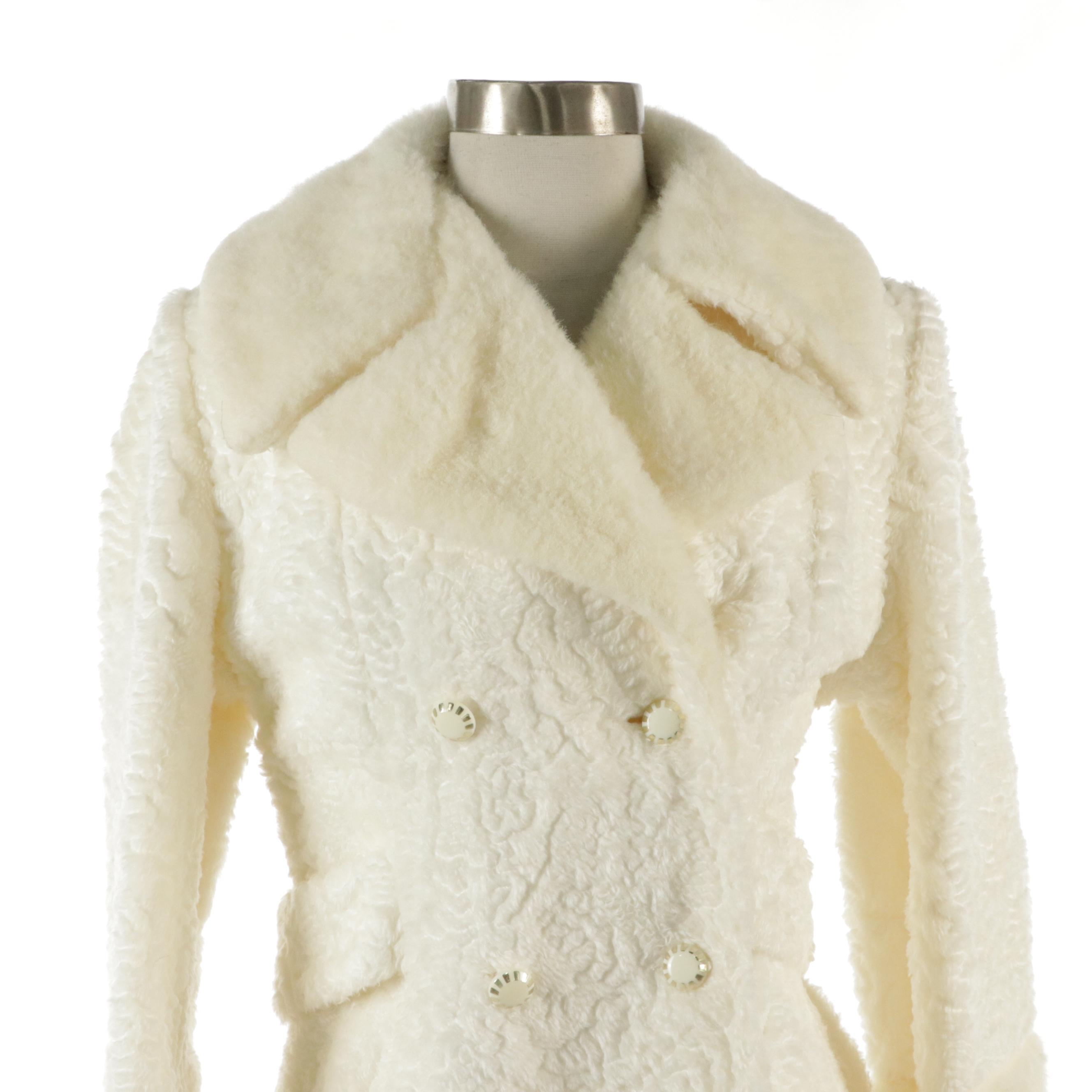 Vintage Sears Fashion White Faux Fur Double-Breasted Peacoat