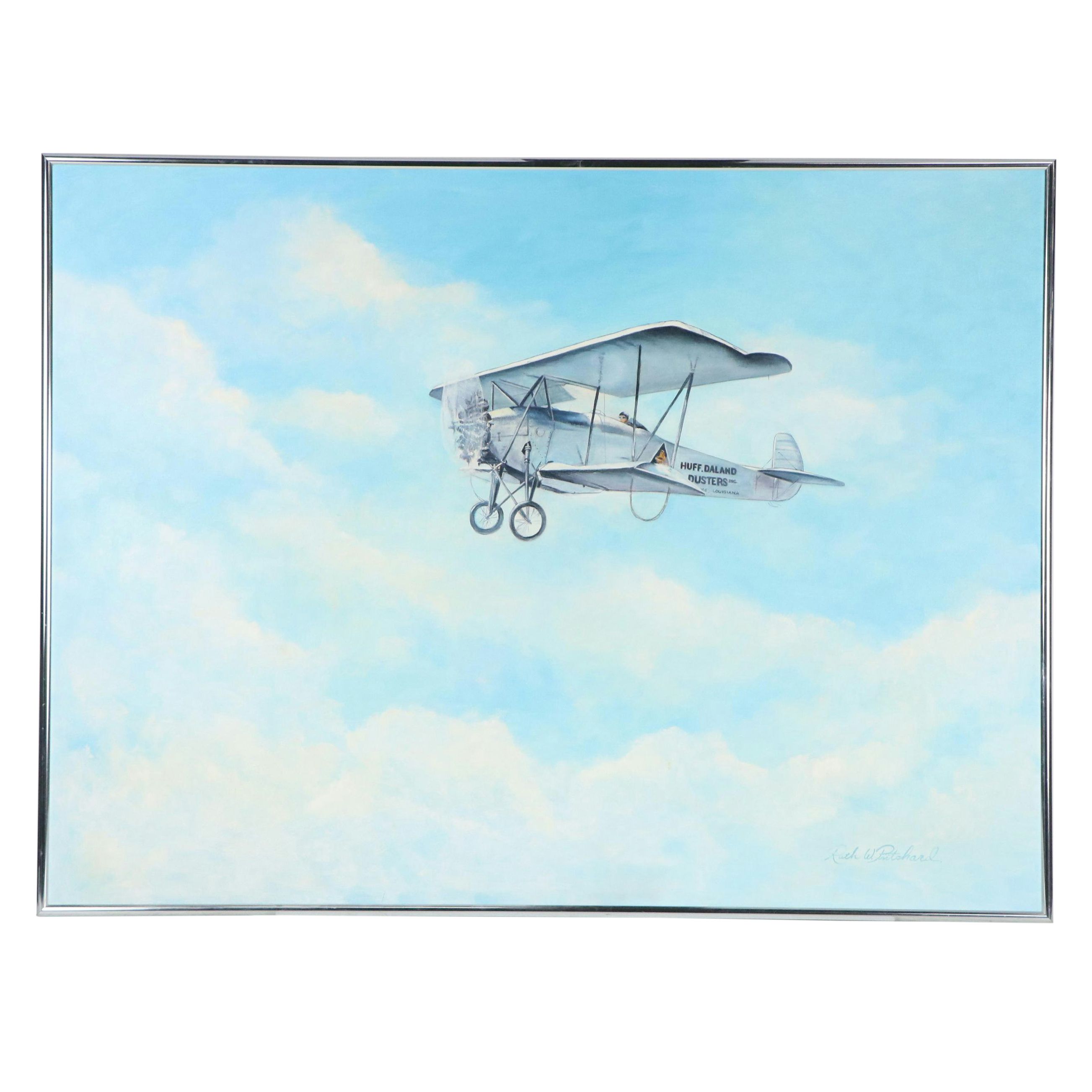Ruth W. Pritchard Sky Oil Painting with Huff-Daland Dusters Biplane