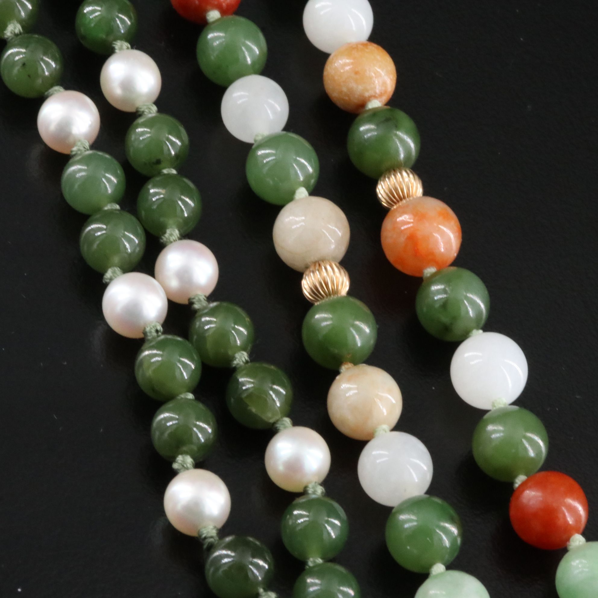 14K Gemstone Necklaces Including Nephrite, Jadeite and Pearl