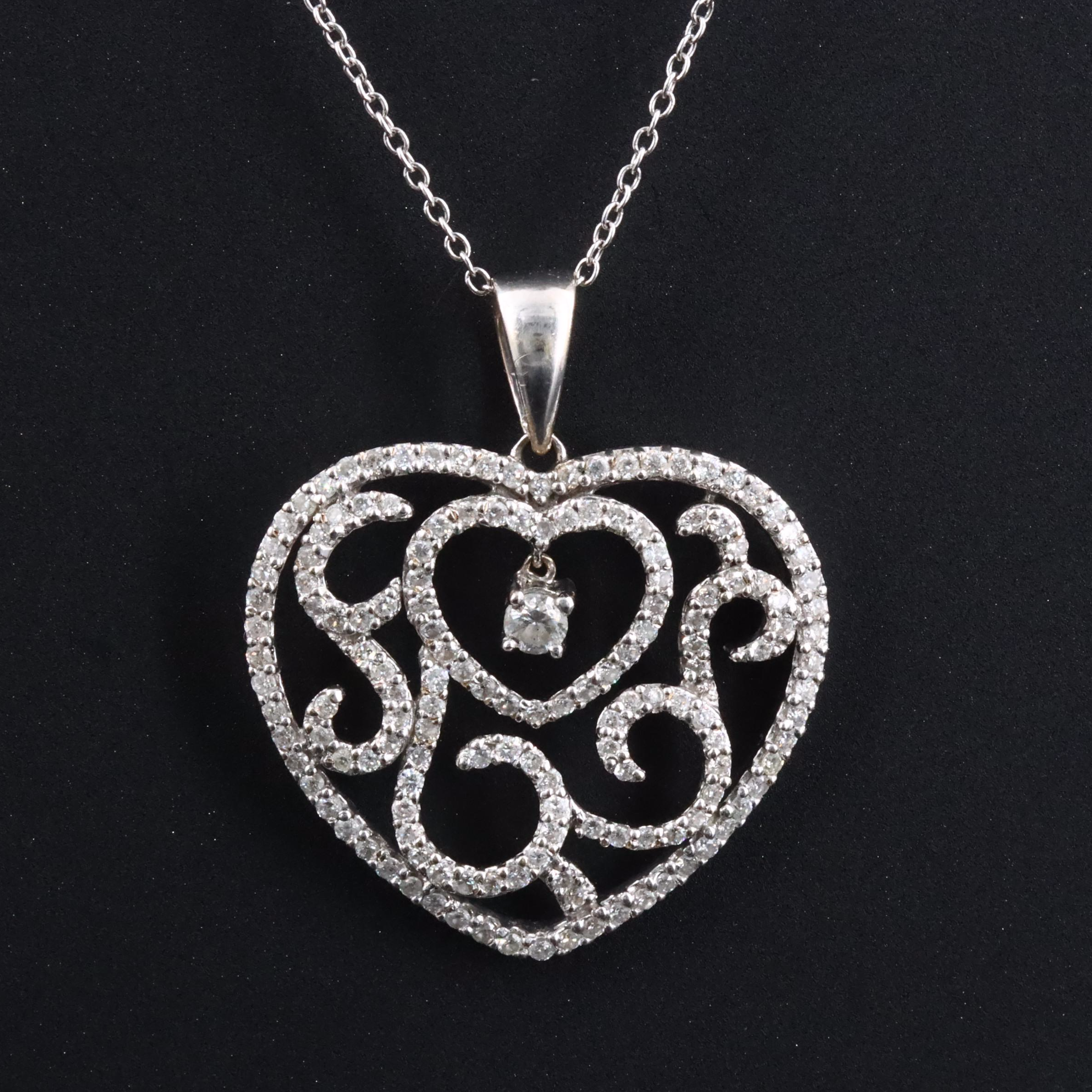 18K 0.79 CTW Diamond Heart Pendant on Sterling Chain Necklace
