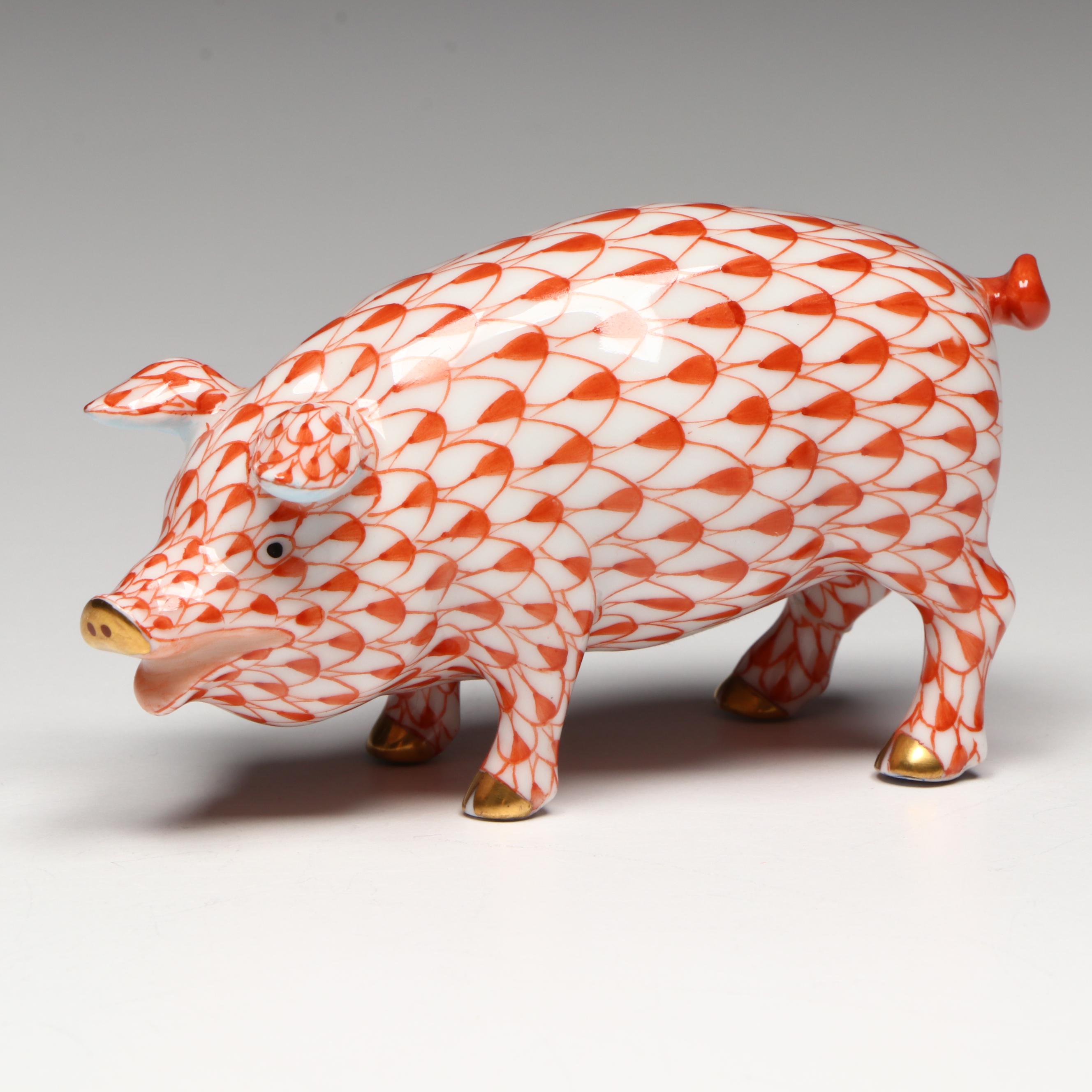 Herend Rust Fishnet with Gold "Pig" Porcelain Figurine