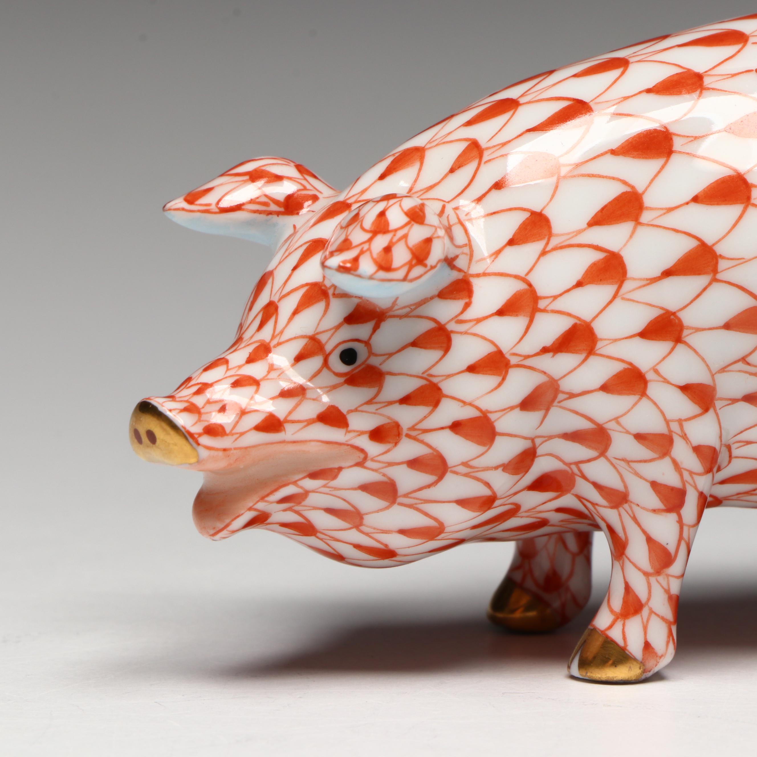 Herend Rust Fishnet with Gold "Pig" Porcelain Figurine