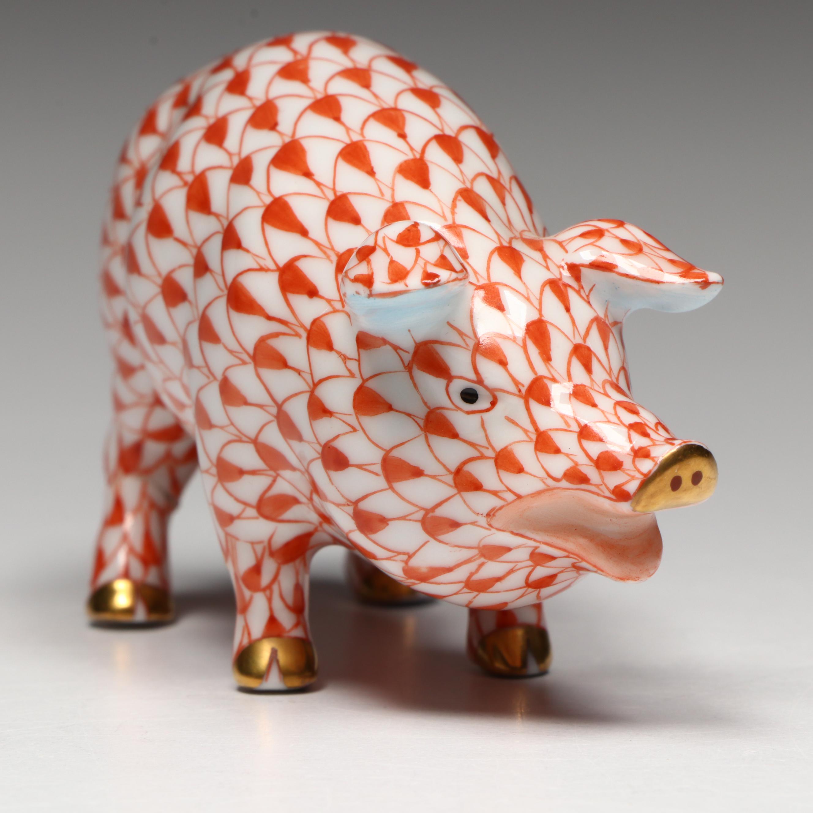 Herend Rust Fishnet with Gold "Pig" Porcelain Figurine