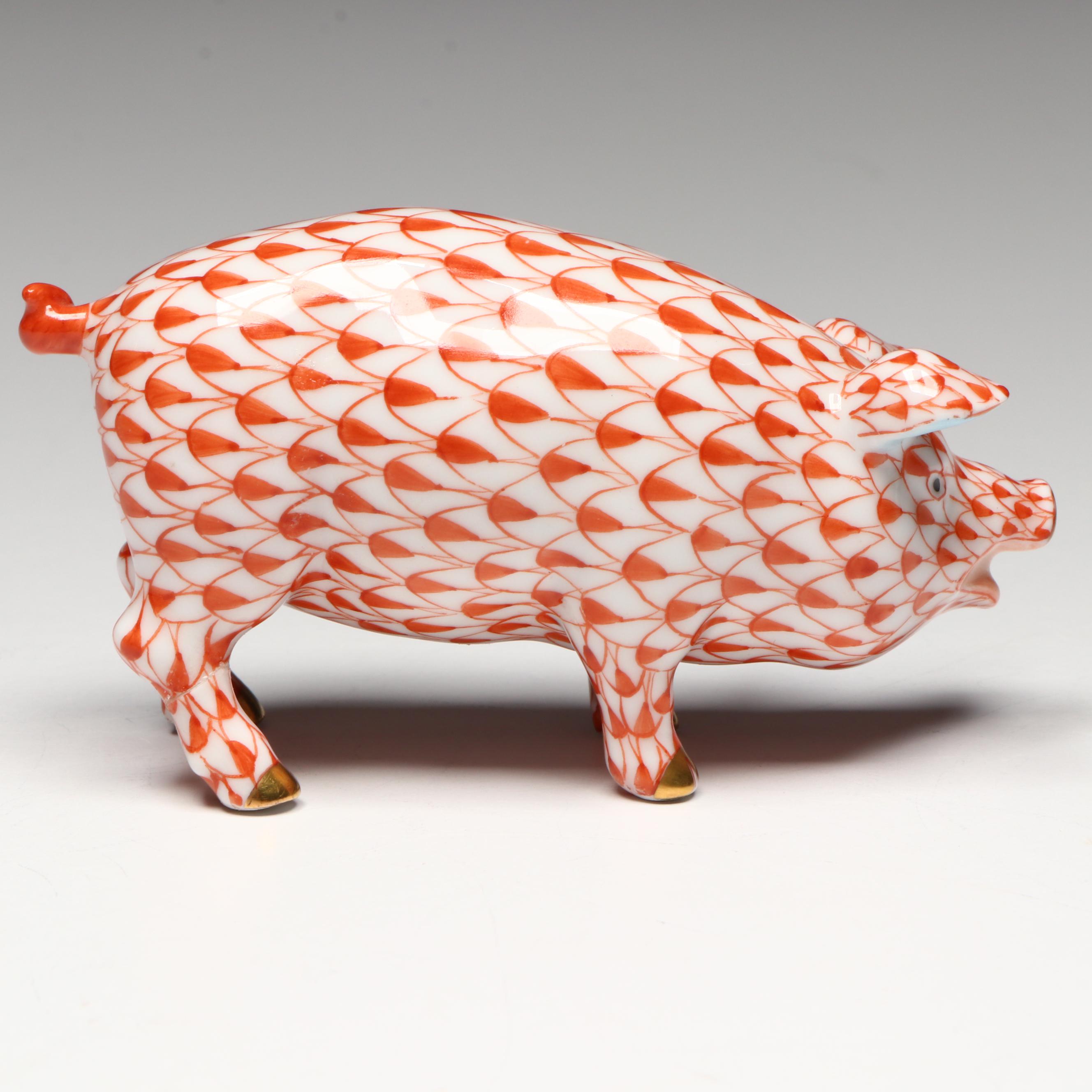 Herend Rust Fishnet with Gold "Pig" Porcelain Figurine