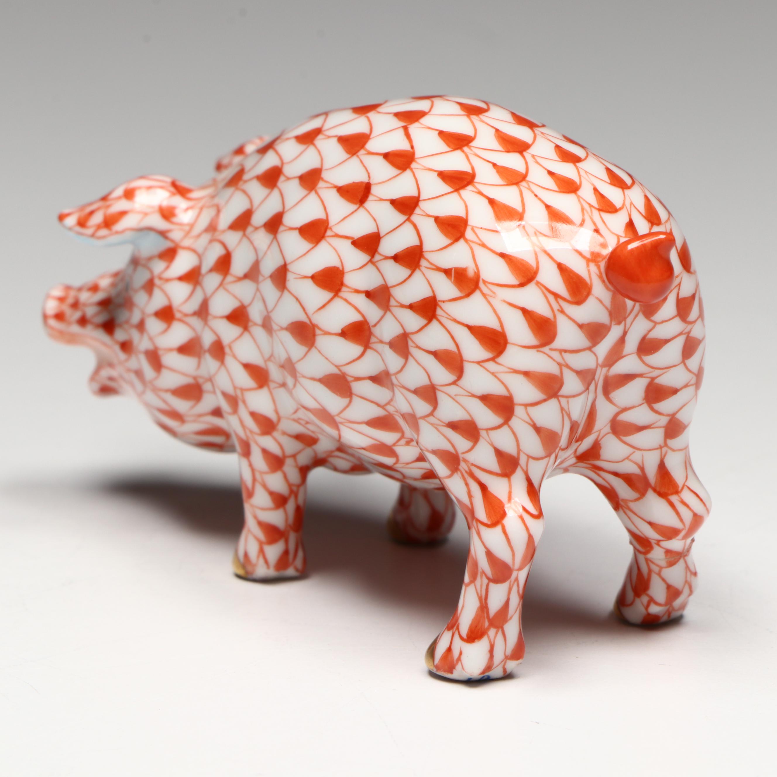 Herend Rust Fishnet with Gold "Pig" Porcelain Figurine