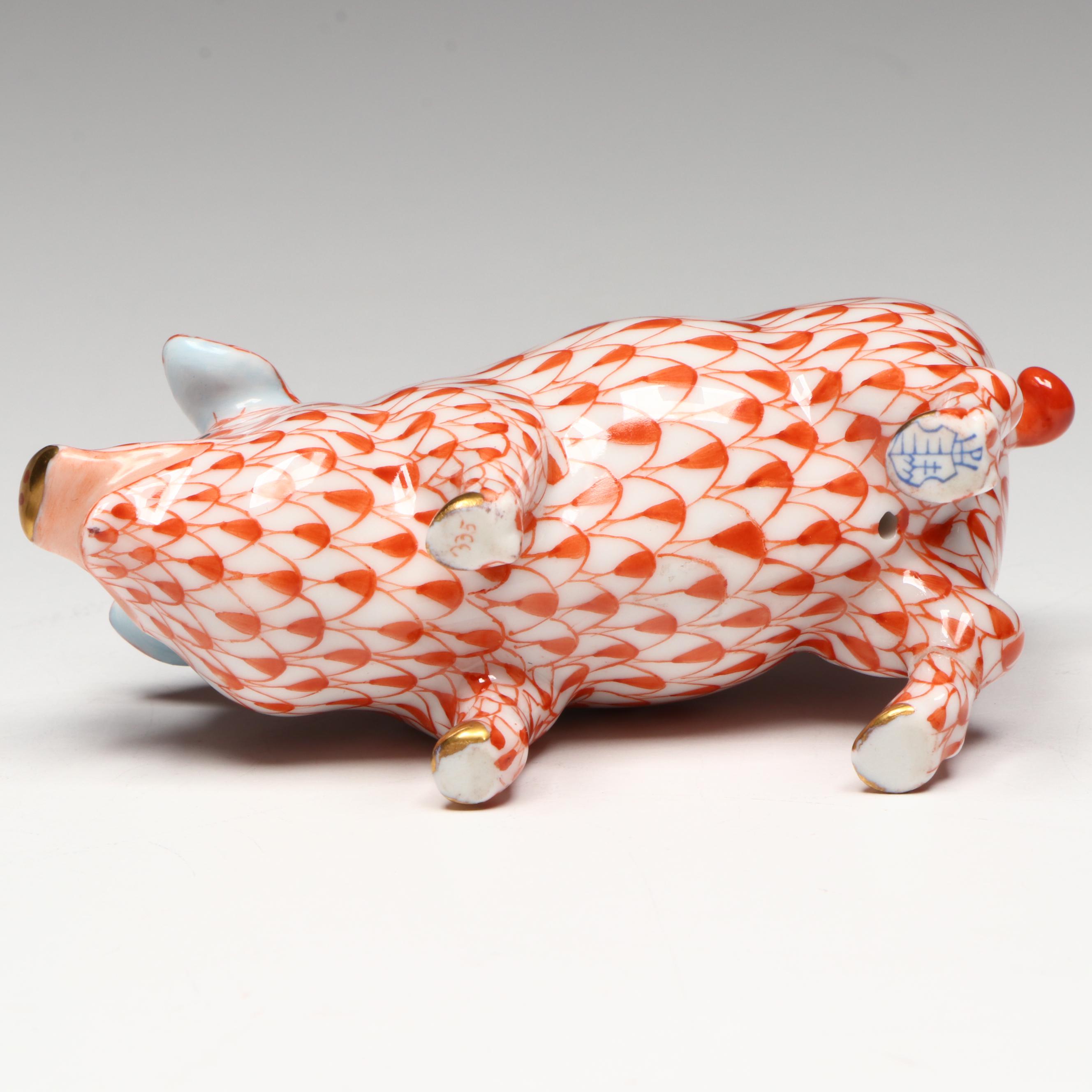 Herend Rust Fishnet with Gold "Pig" Porcelain Figurine