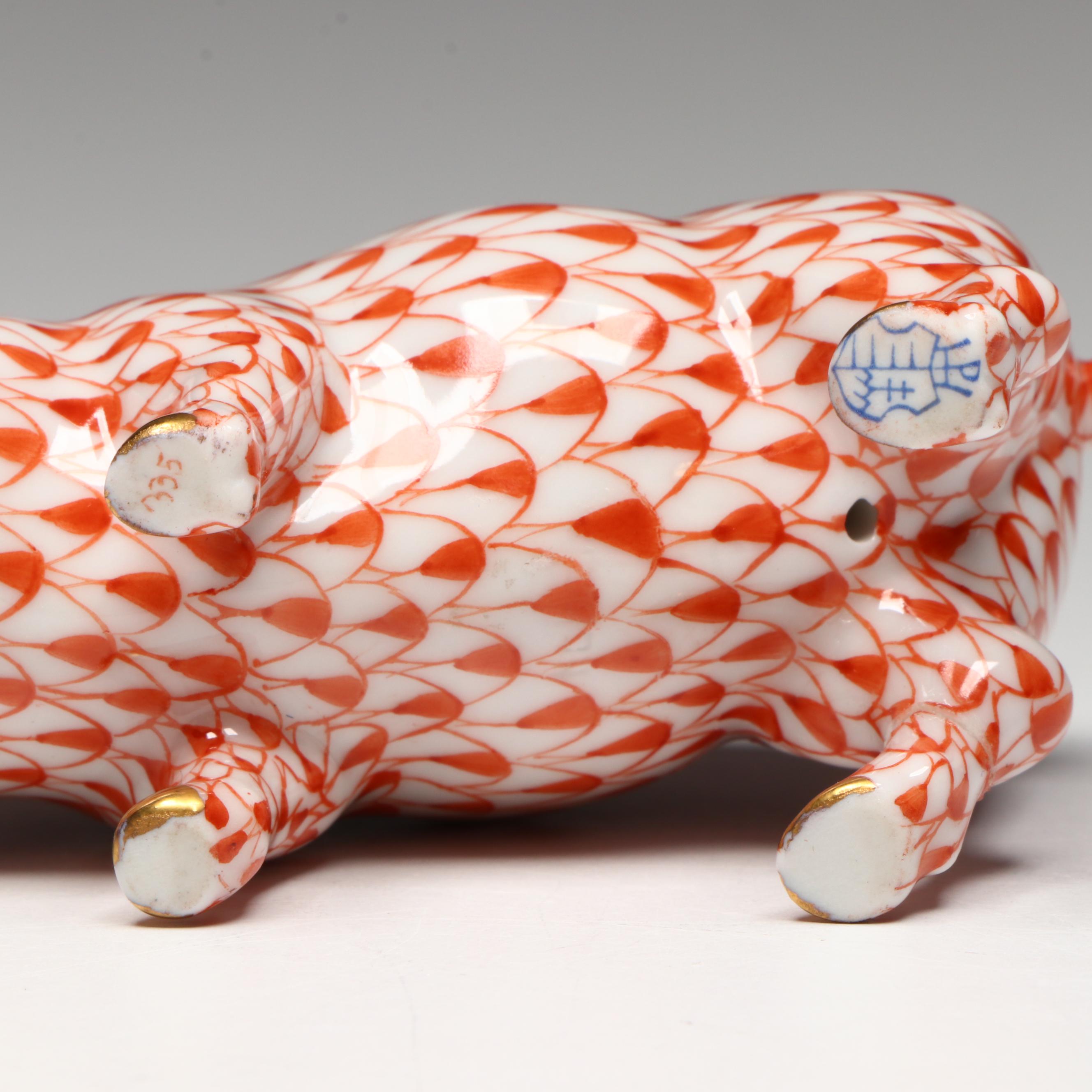 Herend Rust Fishnet with Gold "Pig" Porcelain Figurine