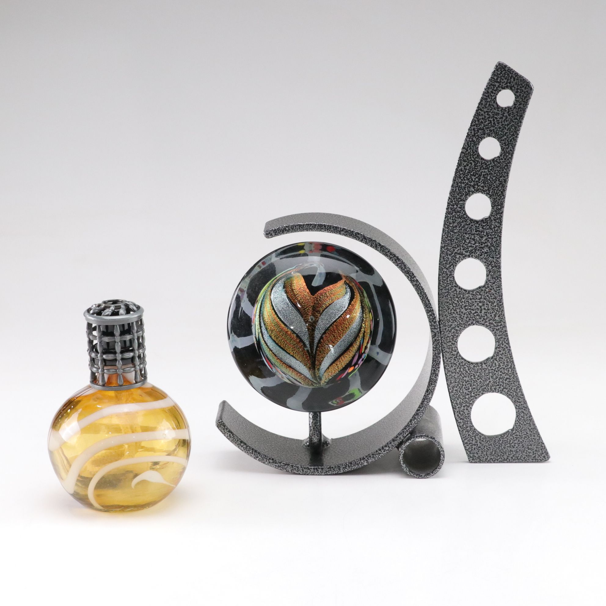 Art Glass Paperweight with Metal Stand and Glass Oil Lamp