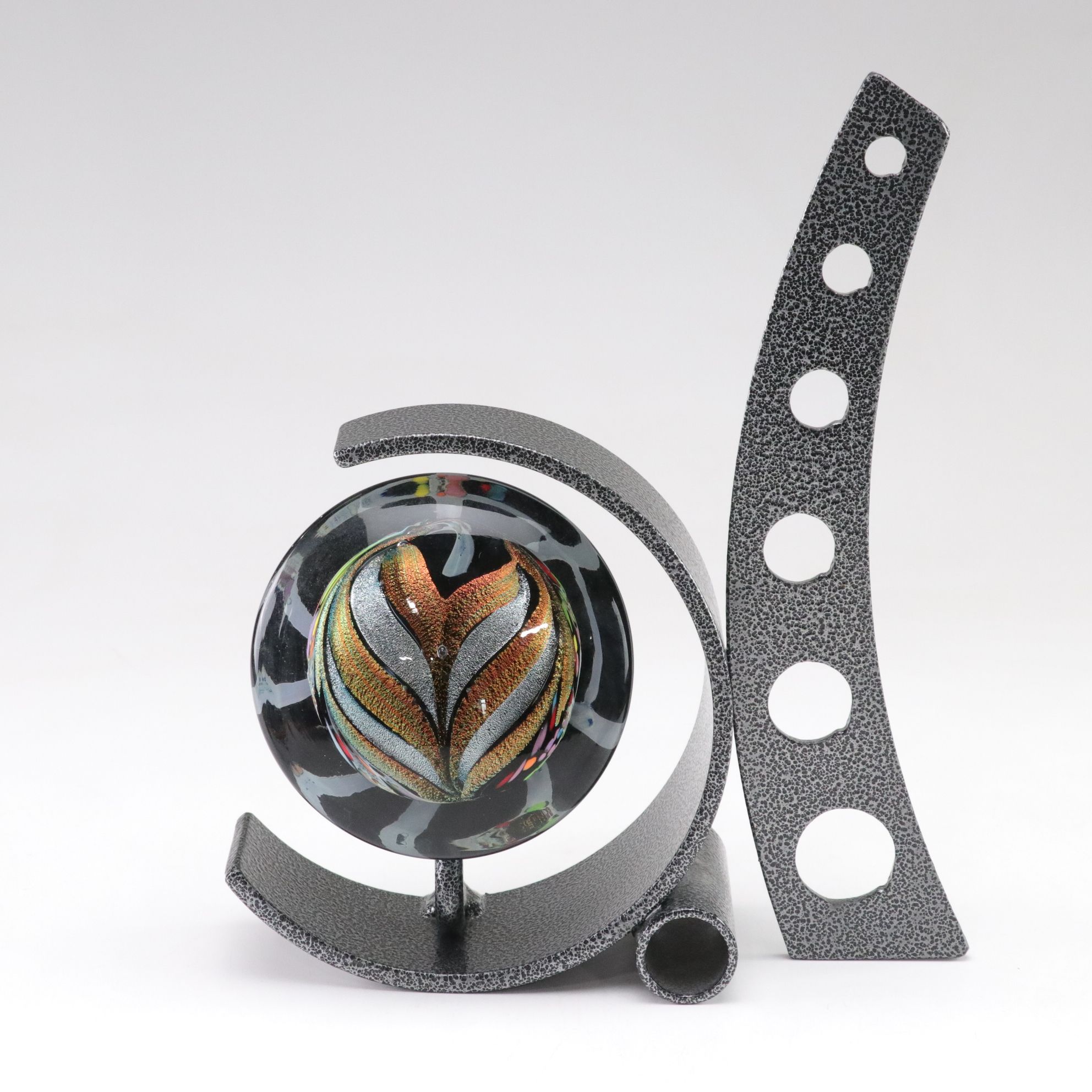 Art Glass Paperweight with Metal Stand and Glass Oil Lamp