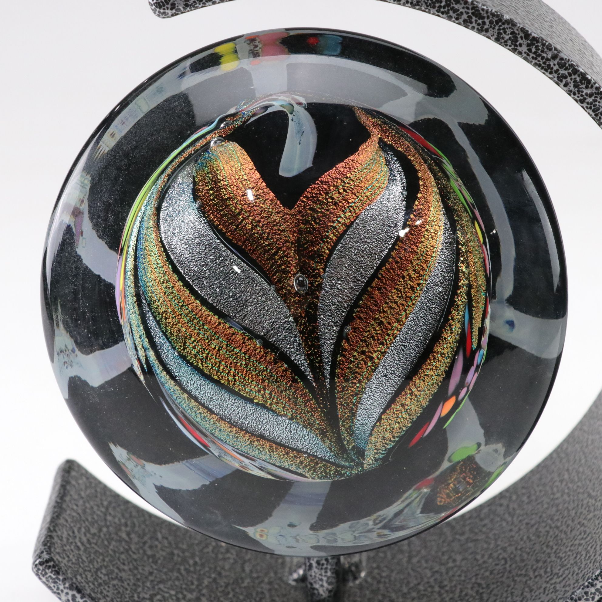 Art Glass Paperweight with Metal Stand and Glass Oil Lamp