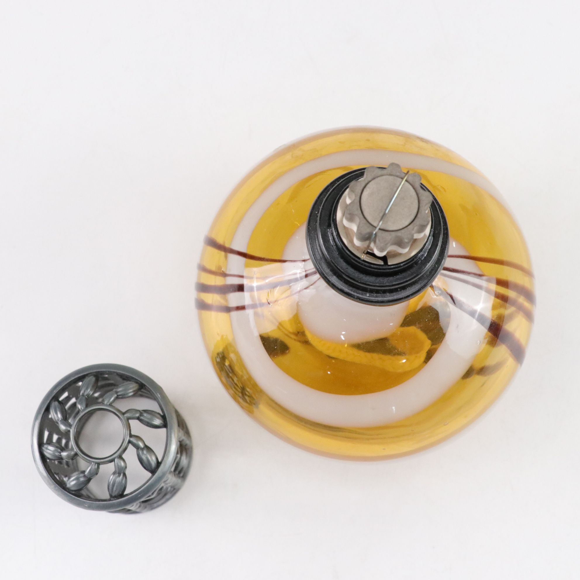 Art Glass Paperweight with Metal Stand and Glass Oil Lamp