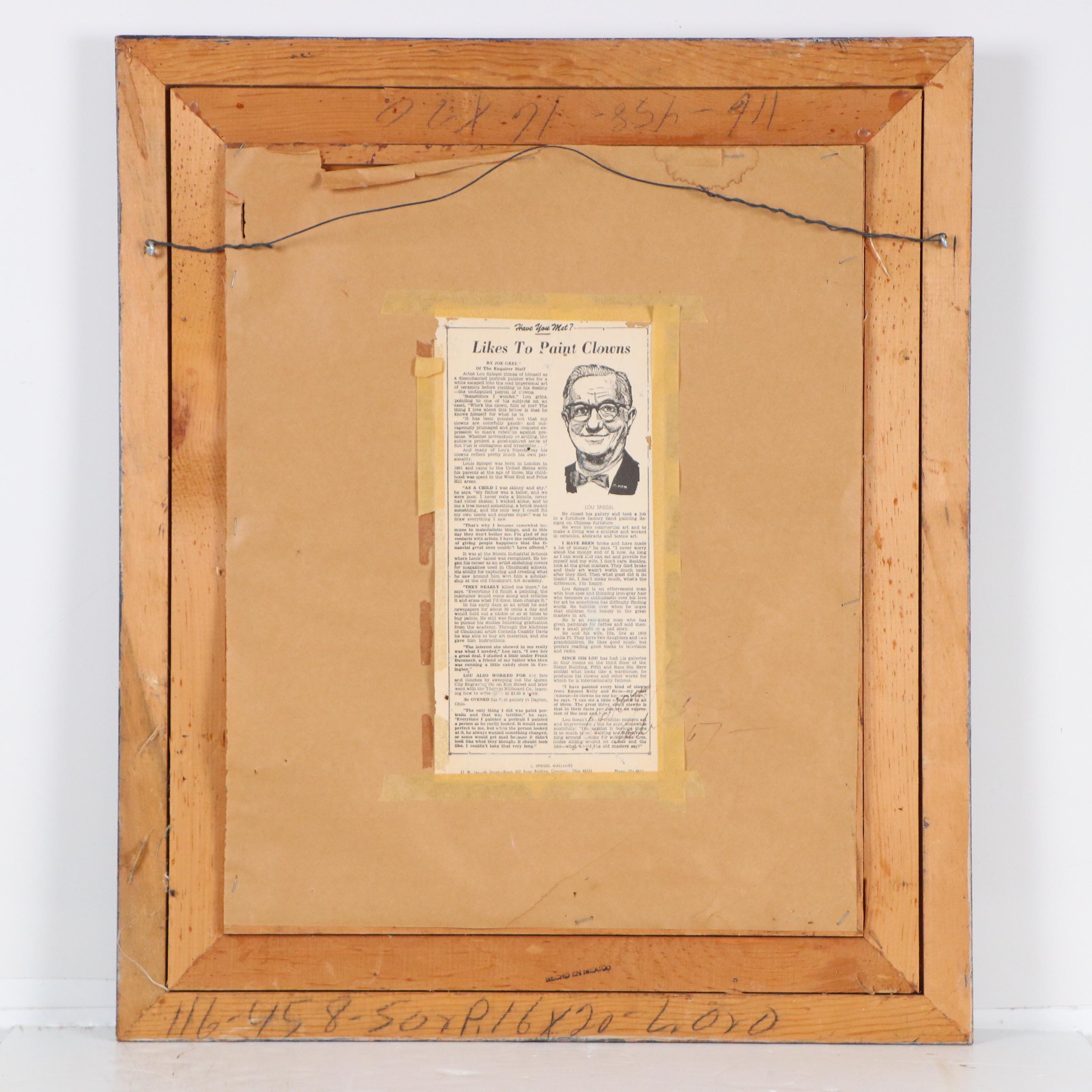 Louis Spiegel Clown Portrait Oil Painting, Late 20th Century