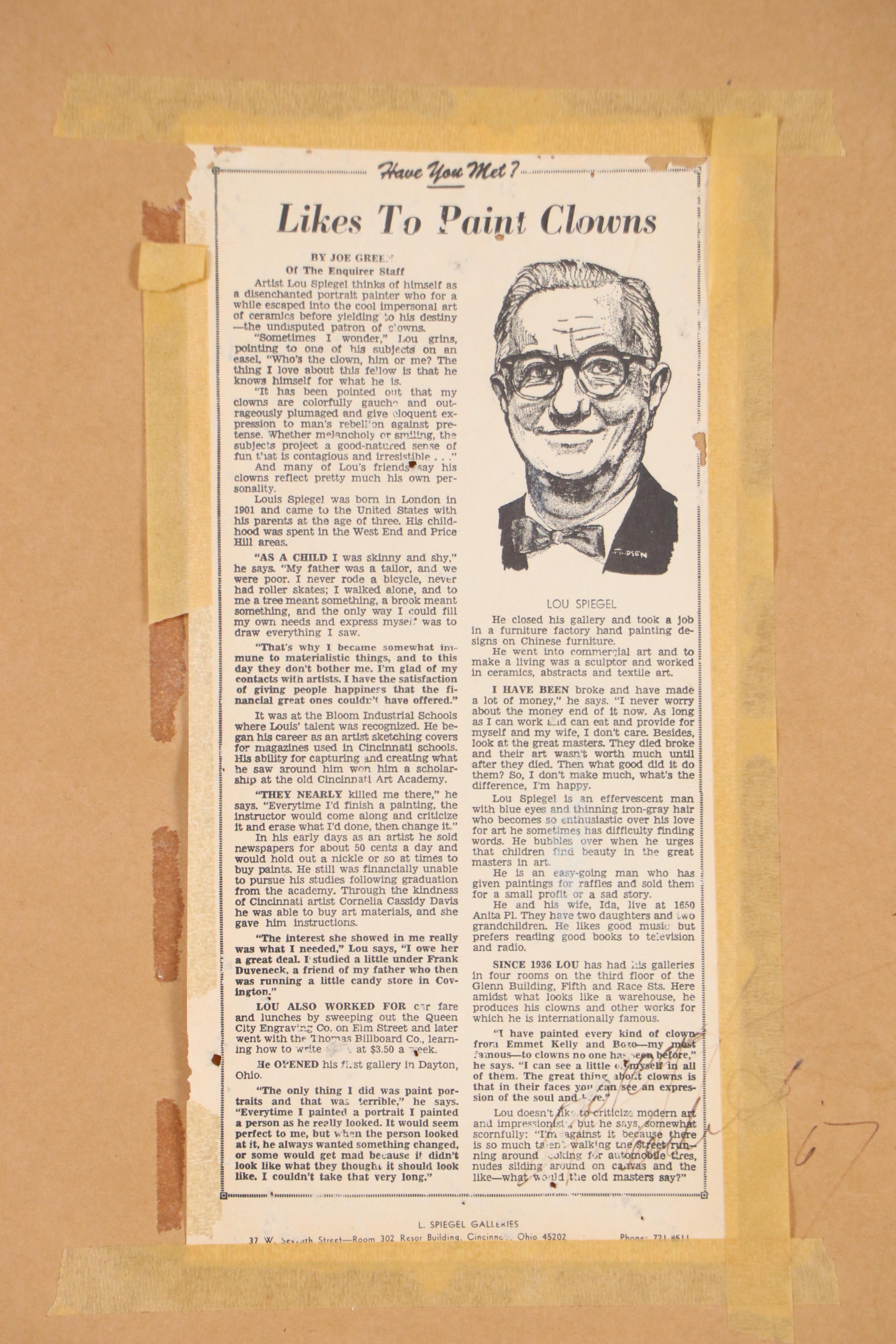 Louis Spiegel Clown Portrait Oil Painting, Late 20th Century