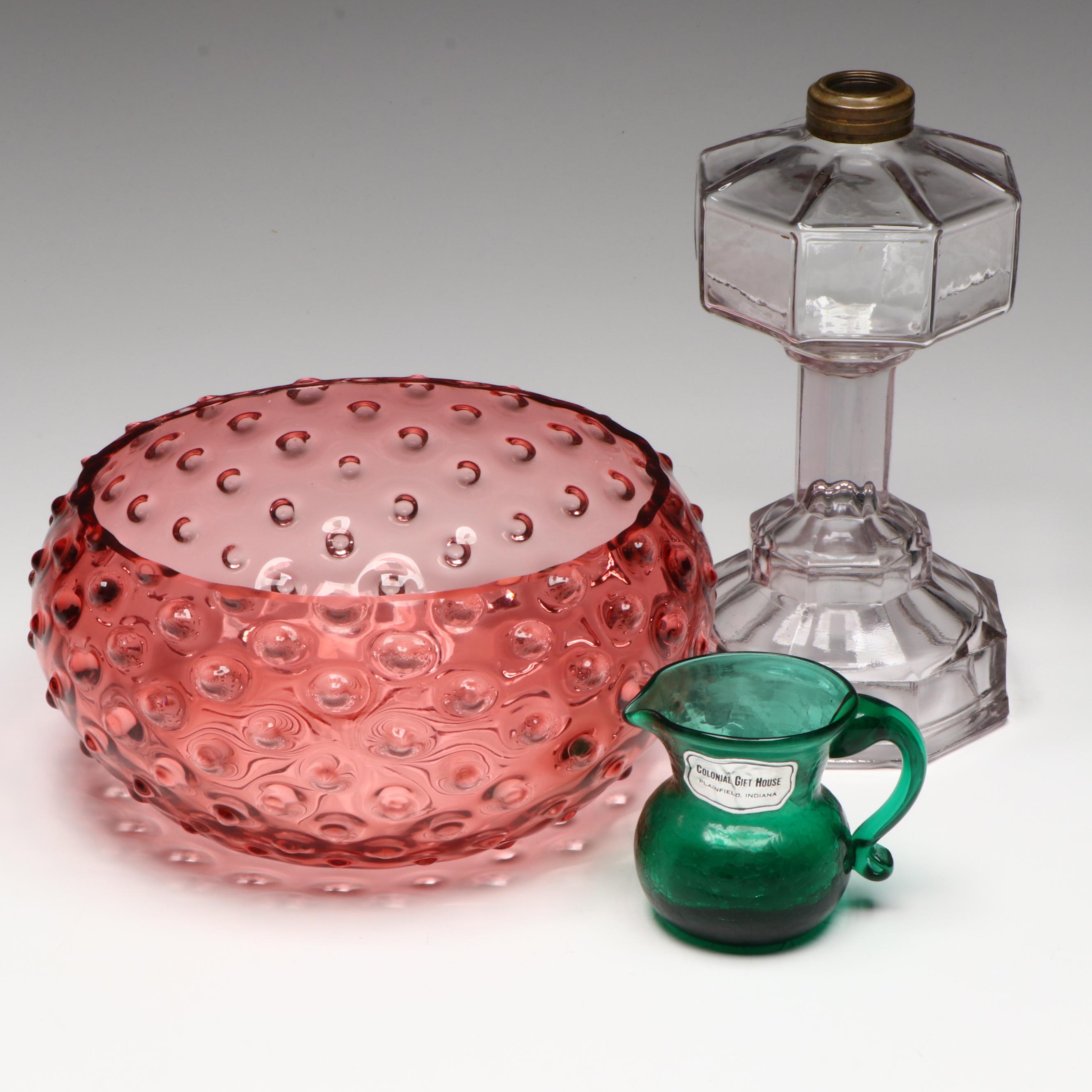 EAPG Octavia Oil Lamp, Hobnail Glass Bowl, Colonial Gift House Glass Creamer