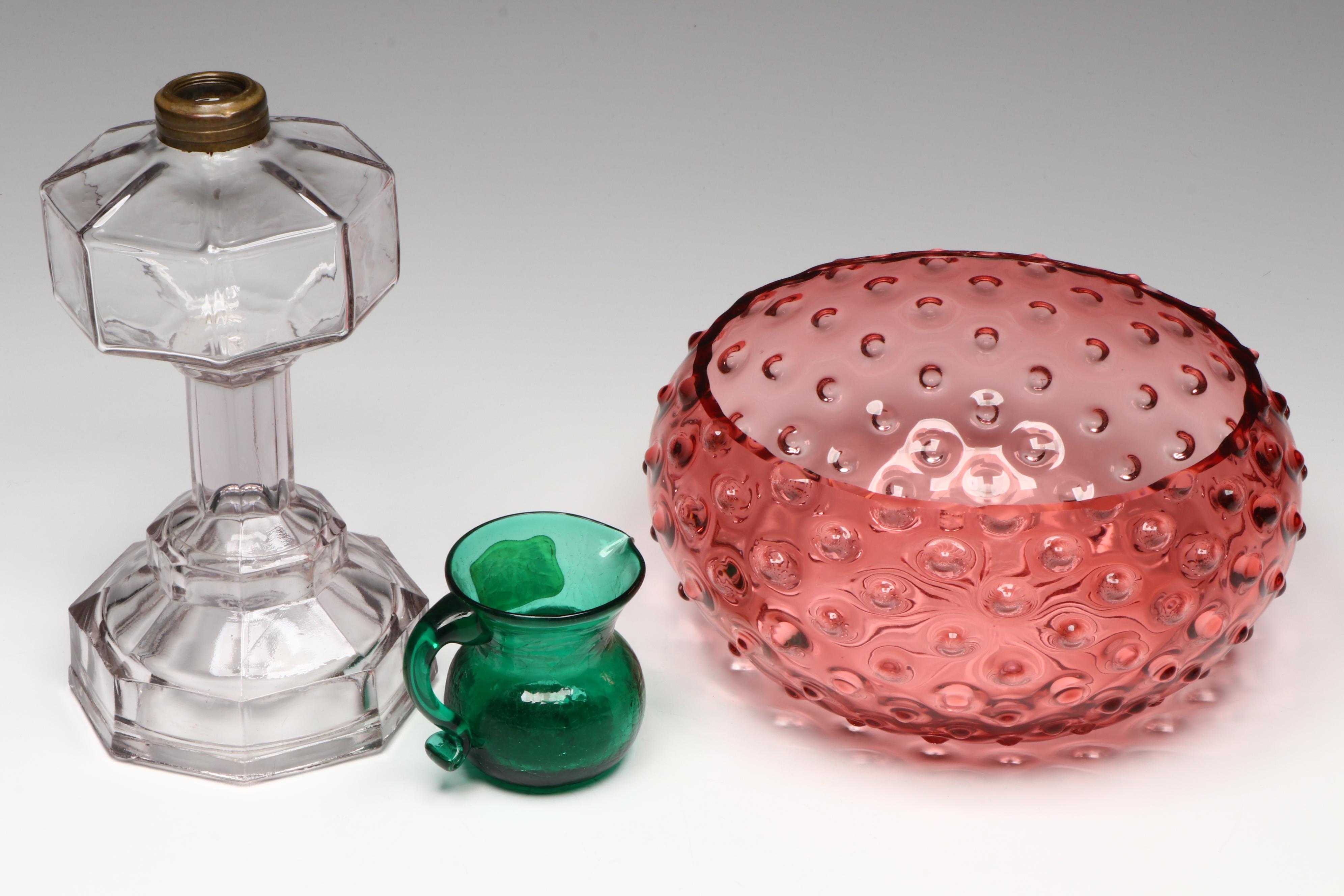 EAPG Octavia Oil Lamp, Hobnail Glass Bowl, Colonial Gift House Glass Creamer