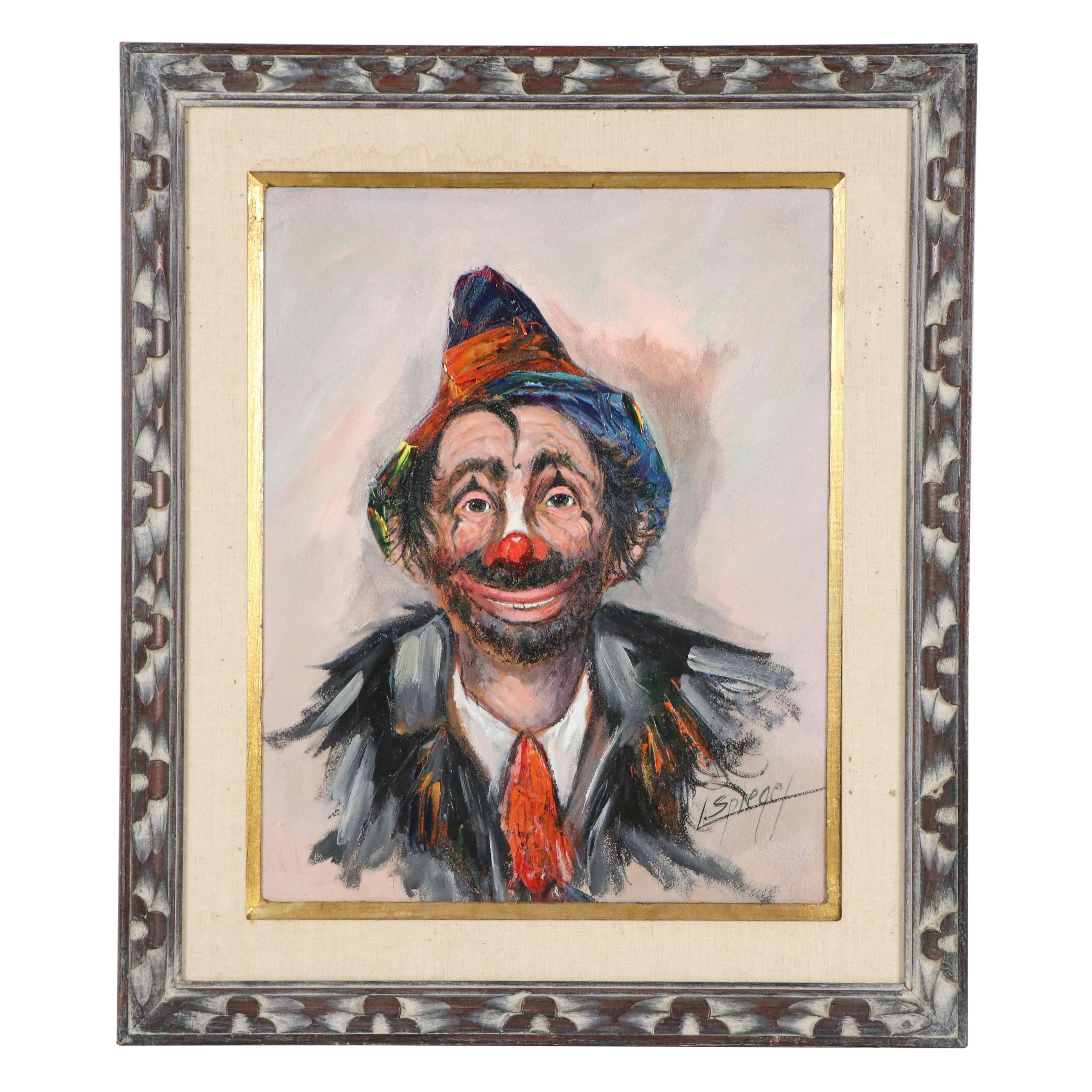Louis Spiegel Clown Portrait Oil Painting, Late 20th Century