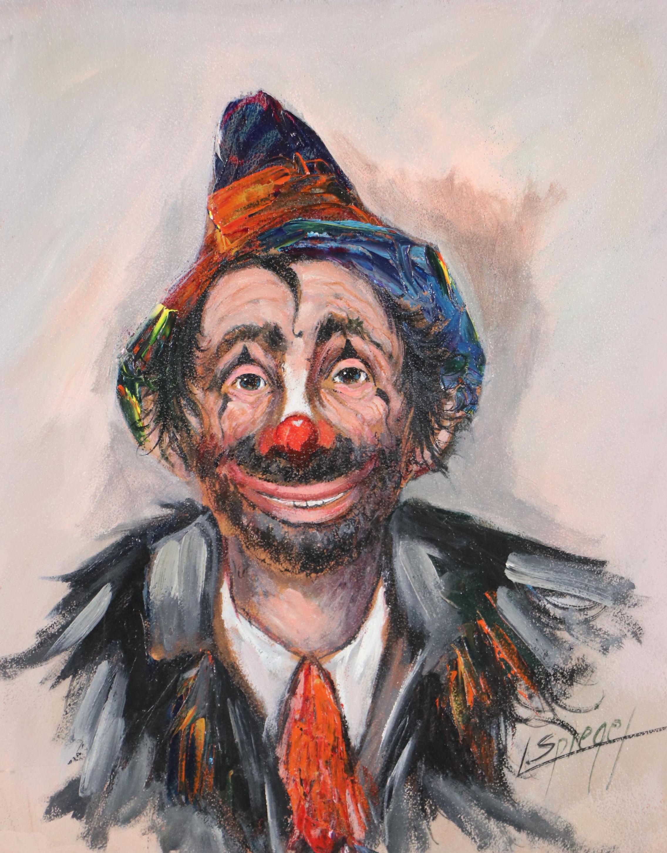 Louis Spiegel Clown Portrait Oil Painting, Late 20th Century